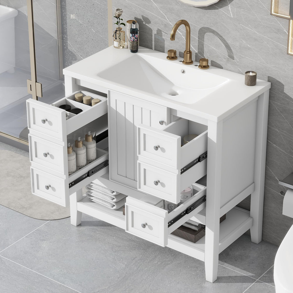 Harper & Bright Designs 36" Bathroom Vanity with Sink, Free Standing Single Basin Vanity Set with One Cabinet and Three Drawers, Wooden Bathroom Cabinet with Ceramic Sink for Bathroom, White Harper & Bright Designs