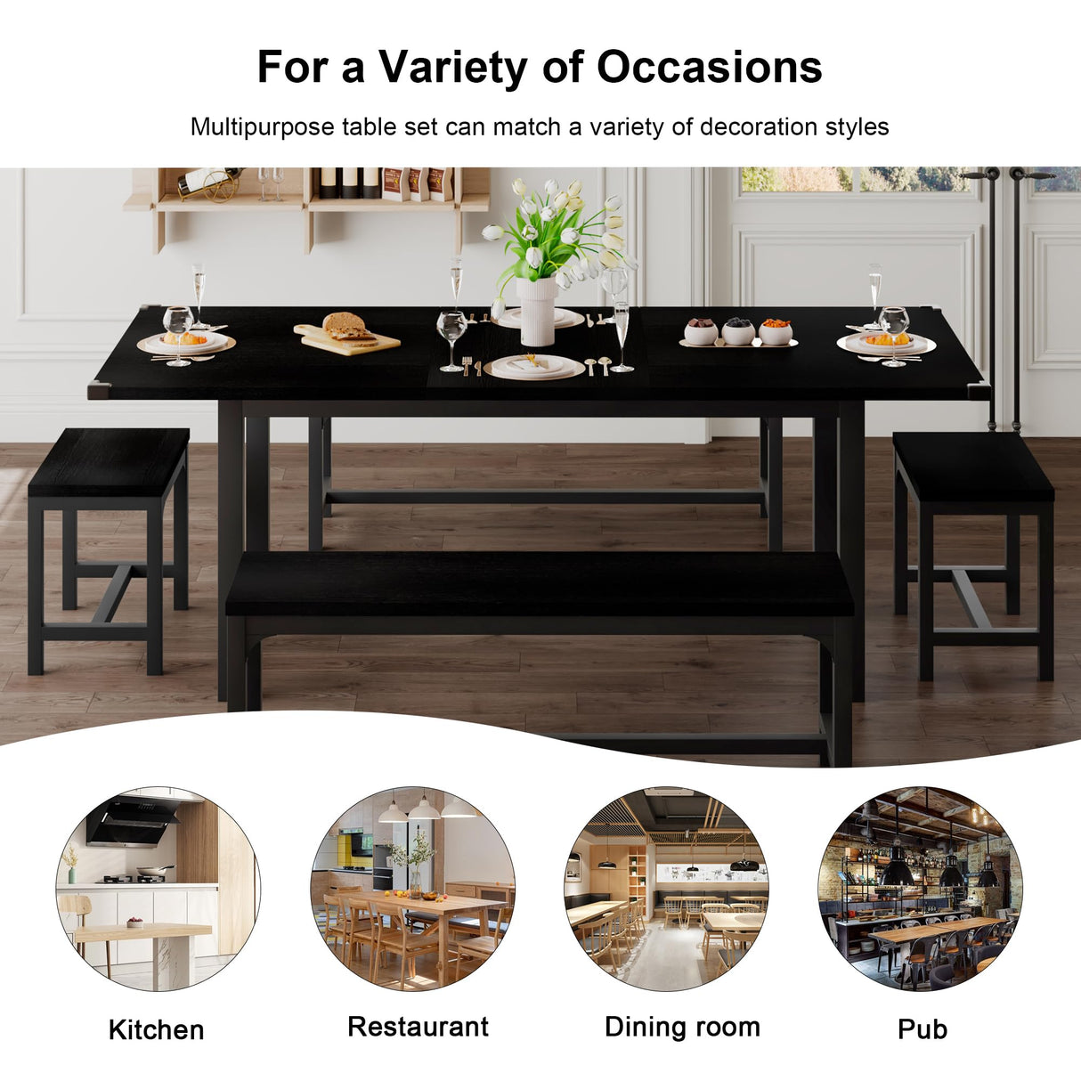 Feonase 5-Piece Dining Table Set for 4-8 People, 63" Large Extendable Kitchen Table Set with 2 Benches and 2 Square Stools, Dining Room Table with MDF Wood Board, Easy Assembly, Black Feonase