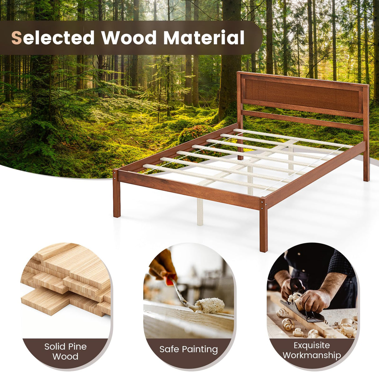 KOMFOTT Full Size Wood Platform Bed Frame with Headboard, Solid Wood Bed Frame with Slat Support, 7-Leg Support, Under Bed Storage, 16-Inch Mattress Foundation Bedroom Furniture, No Box Spring Needed KOMFOTT