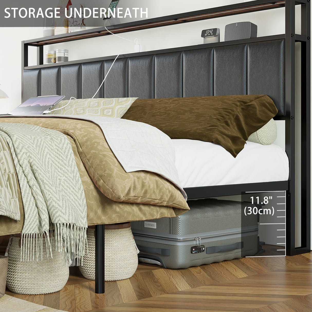 AMERLIFE Rustic Brown LED Platform Bed Frame with Storage Drawers & Charging Station Headboard AMERLIFE