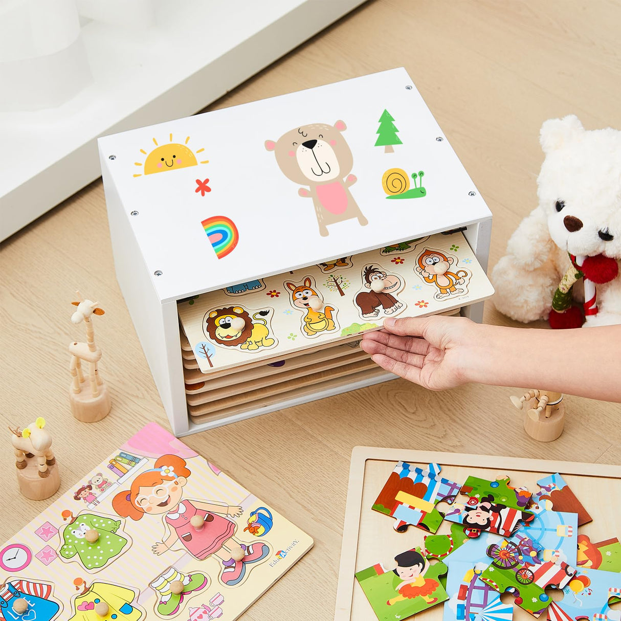 Sintuff Puzzle Holder Rack Wooden Jigsaw Organizer Layered Puzzle Storage Box Shelf Storage Case Holds 12 Puzzles for Craft Collection Lovers Accessories Sintuff