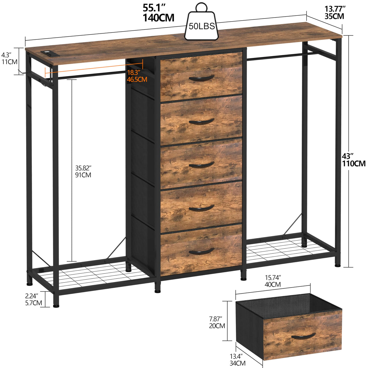 Espelism Dresser for Bedroom with Clothes Rack 5 Drawer Dresser with Charging Station LED Lights White Chest of Drawers Flexible Shelf and Open Storage Space for Bedroom Living Room (Brown) Espelism