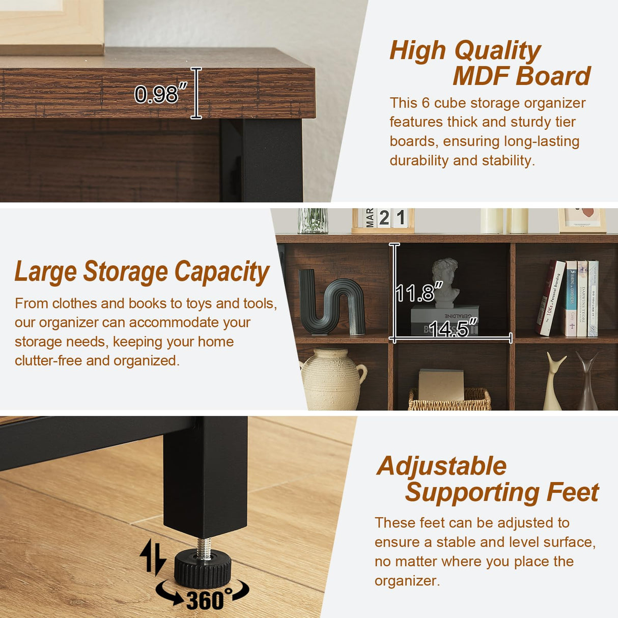 HOMBAZAAR Cube Storage Organizer Shelf, Industrial Horizontal Bookshelf with 6 Cubes, Rustic Low Cubby Bookcase with 3 Shelves, Short Wide Book Case for Office,Living Room,Apartment,Brown HOMBAZAAR