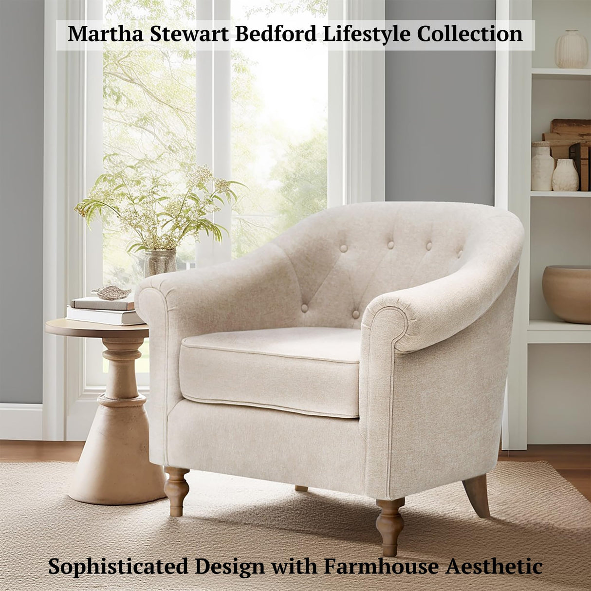 Martha Stewart Fayette Accent Chair for Living Room Bedford Collection, Tufted Back, Traditional Rolled Arms, 6" Thick Removable Cushion, Modern Farmhouse Furniture Bedroom Chair, 35" Wide Cream Martha Stewart