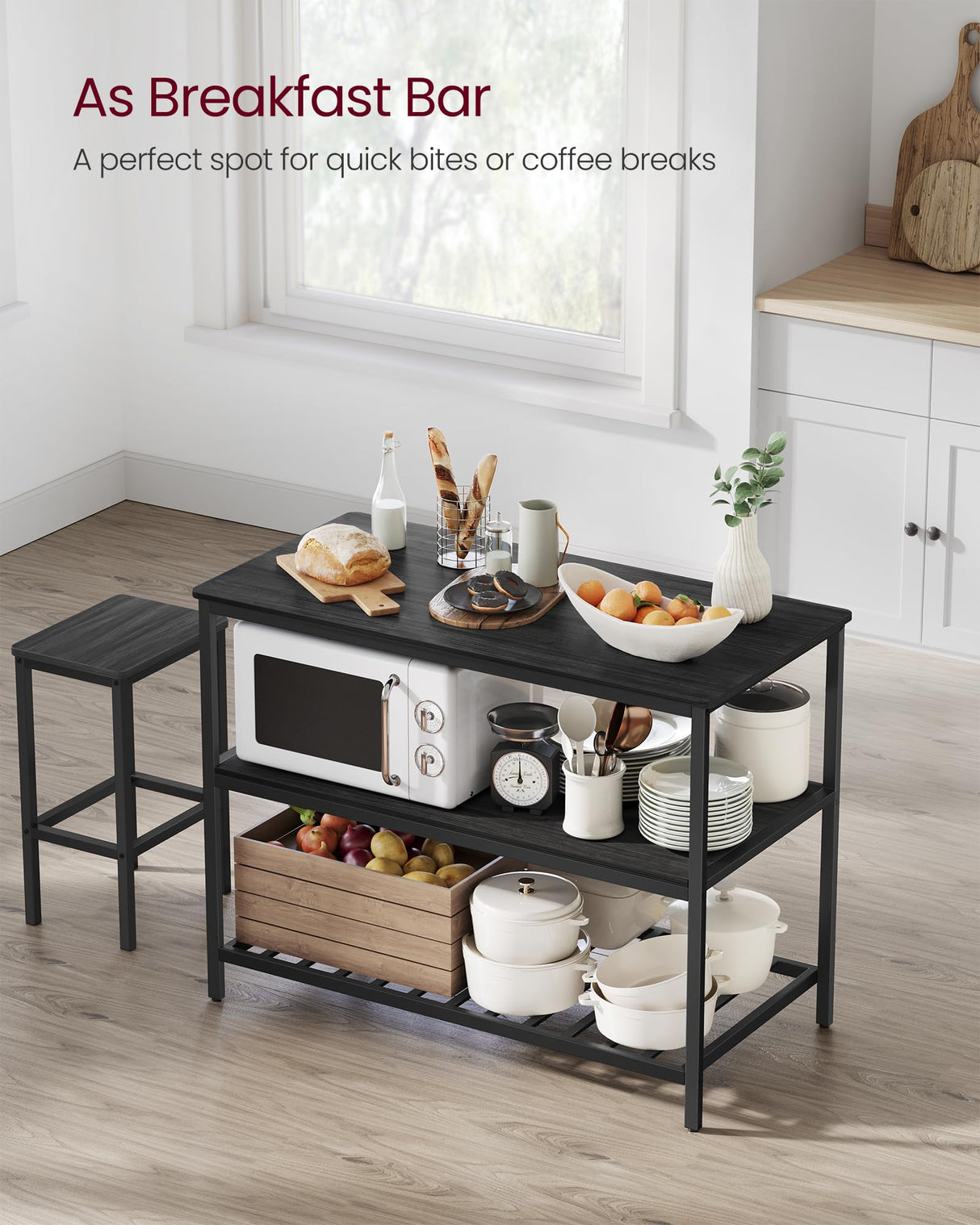 VASAGLE Kitchen Island with 3 Shelves, 47.2 Inches Width Kitchen Shelf with Large Worktop, Stable Steel Structure, Industrial, Easy to Assemble, Ebonised Oak and Black UKKI001B42 VASAGLE