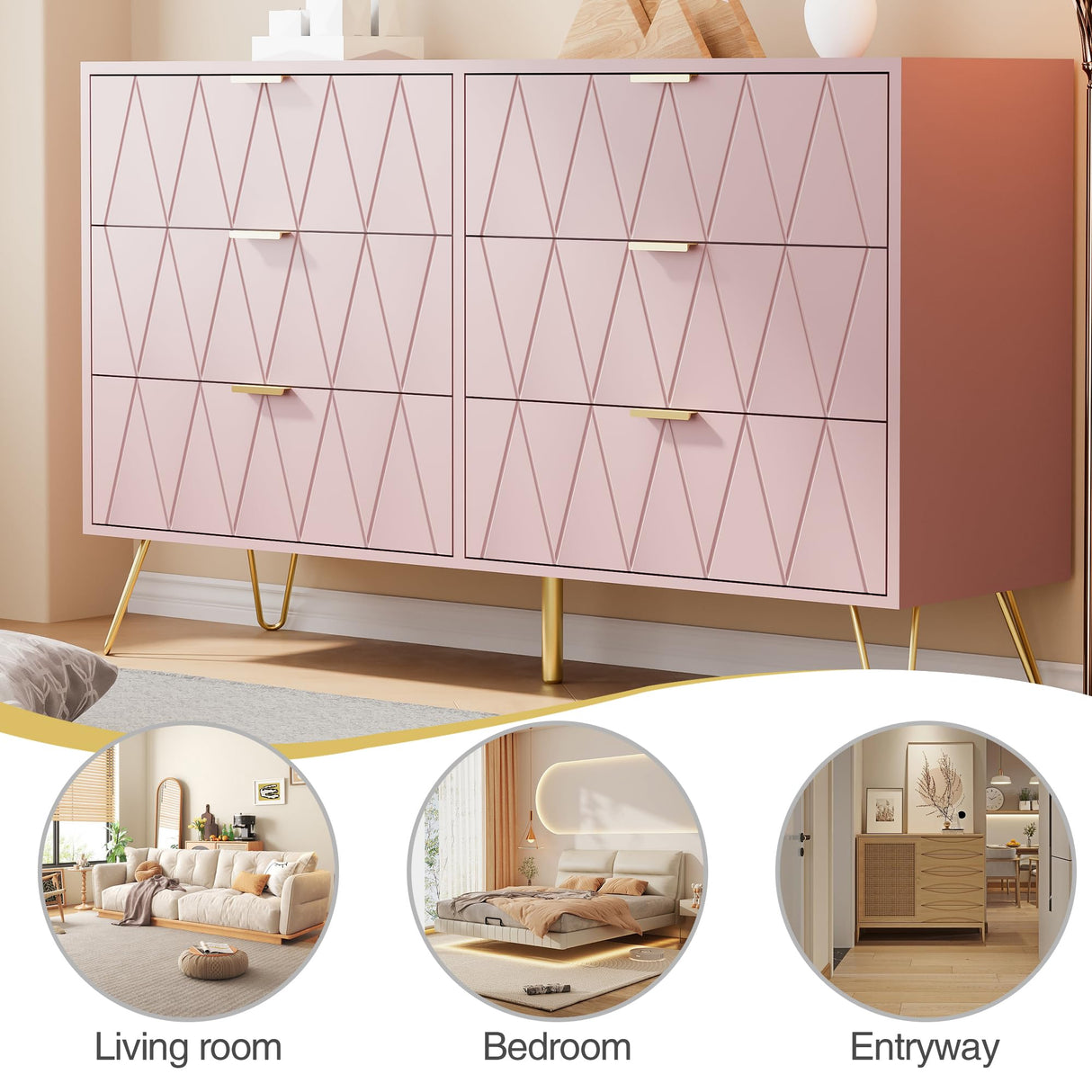 Anbuy Pink Large Dresser 6 Drawer Dresser for Bedroom, Chest of Drawer with 6 Wide Drawers Wood Storage Cabinet Organizer with Metal Gold Legs for Bedroom, Living Room, Entryway Anbuy