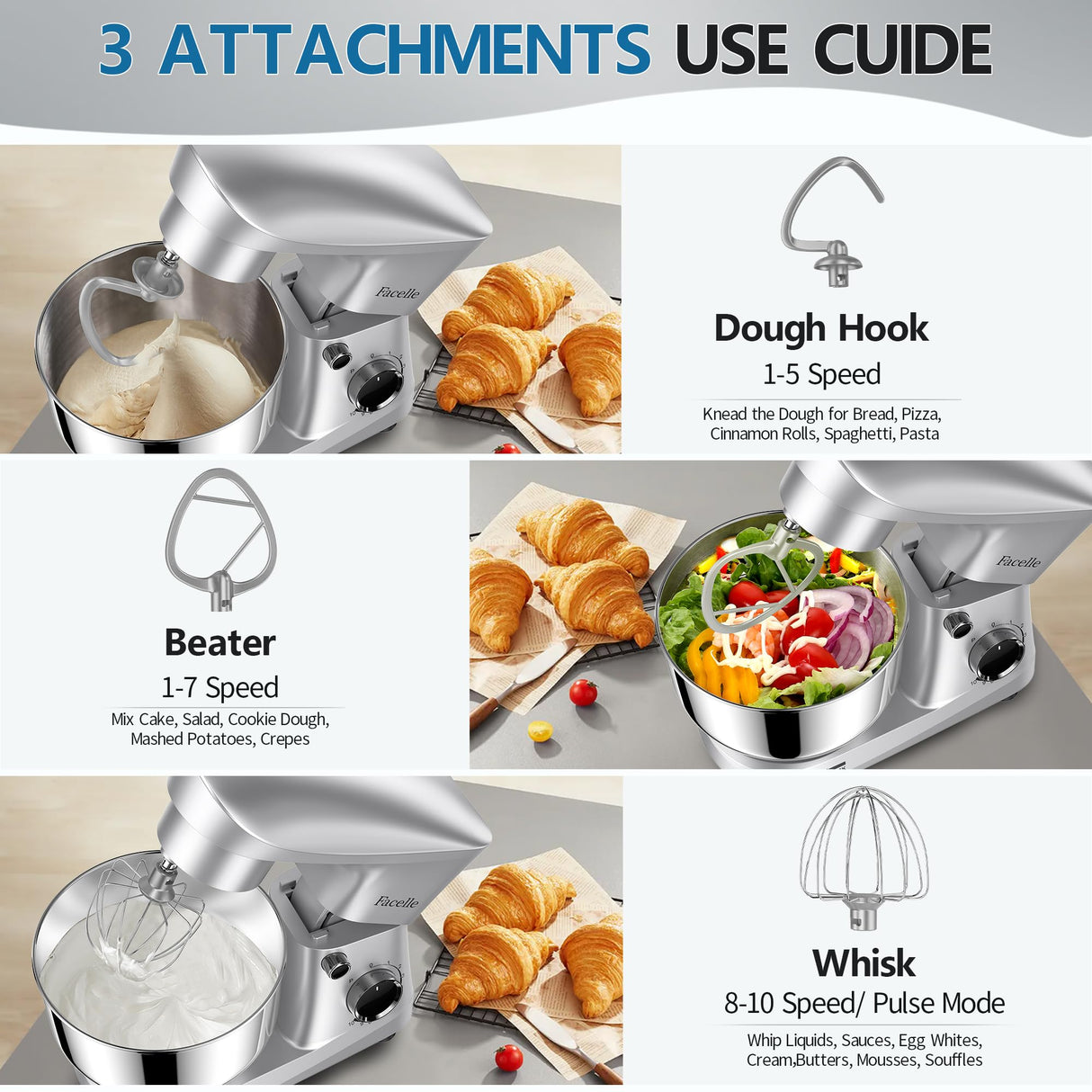 Facelle Stand Mixer, 10-Speed 6QT Kitchen Electric Mixer, Tilt-Head Food Mixer with Beater, Dough Hook, Wire Whip and Egg Separator, scraper for Most Home Cooks - Silver Facelle