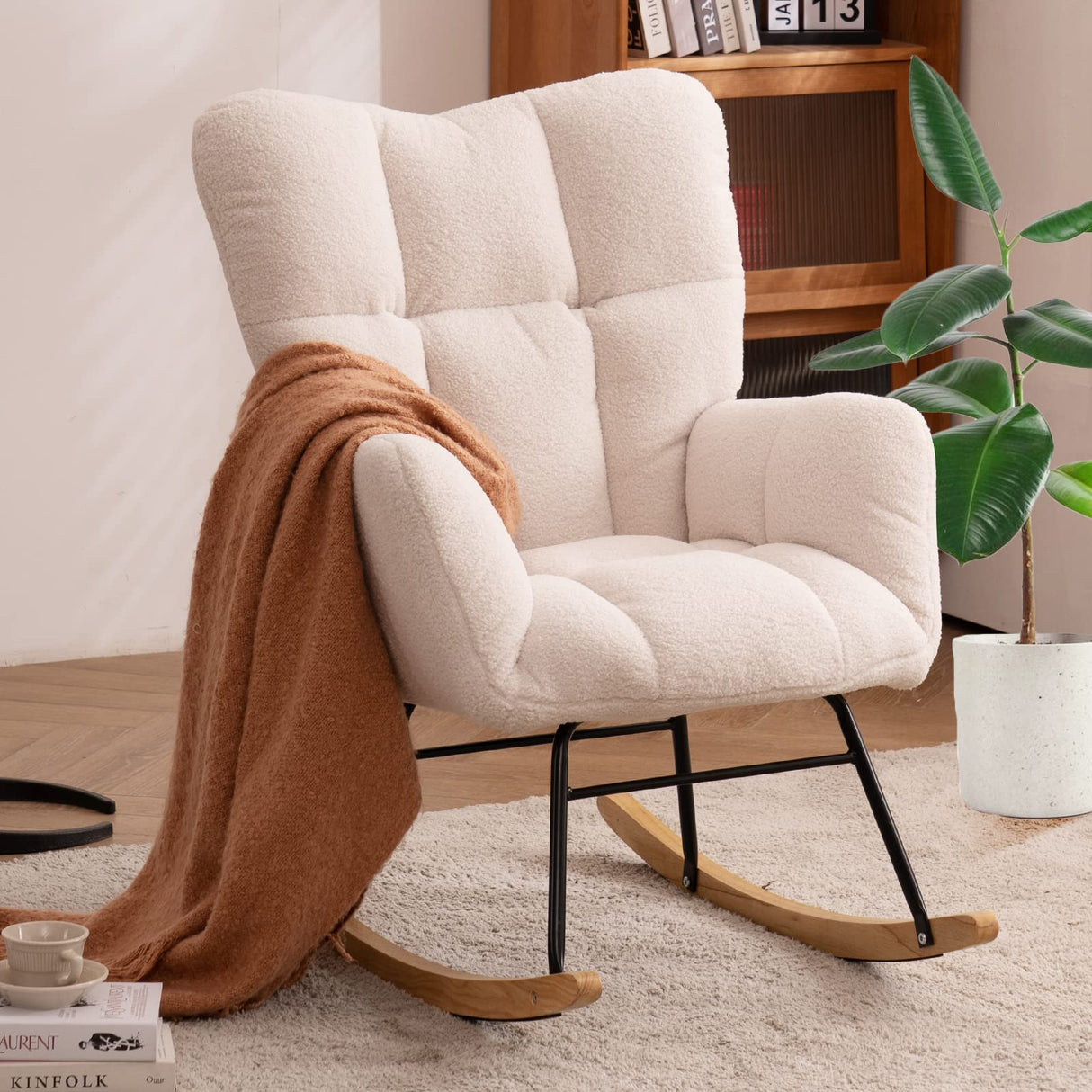 NIOIIKIT Nursery Rocking Chair Teddy Upholstered Glider Rocker Rocking Accent Chair Padded Seat with High Backrest Armchair Comfy Side Chair for Living Room Bedroom Offices (Ivory Teddy) NIOIIKIT