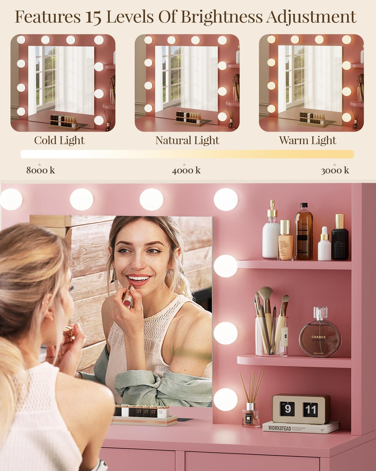 LIVELYGLOW Vanity with Lights, Makeup Vanity with Mirror, 3 Lighting Modes, for Bedroom, Pink LIVELYGLOW