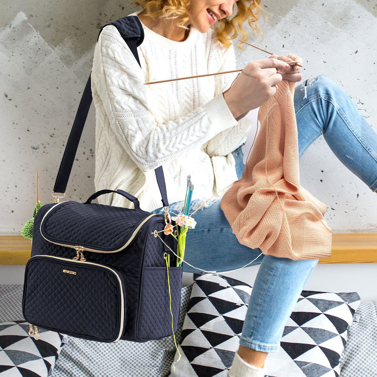 MYBAGZING Crochet Bag Organizer - Quilted Storage Bag with Hanging Hook, Knitting & Yarn Tote for Crochet Accessories, Mother's Day Gift MYBAGZING