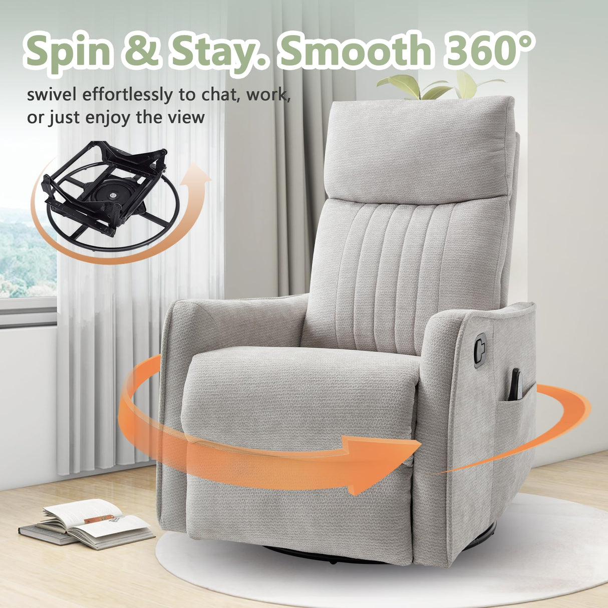 cinkehome Heated Massage Swivel Rocker Recliner Chair Nursery - Small Space Reclining Chair with Lumbar Support, 360° Swivel & Gentle Rocking, Ergonomic High Back Chenille Fabric Beige cinkehome