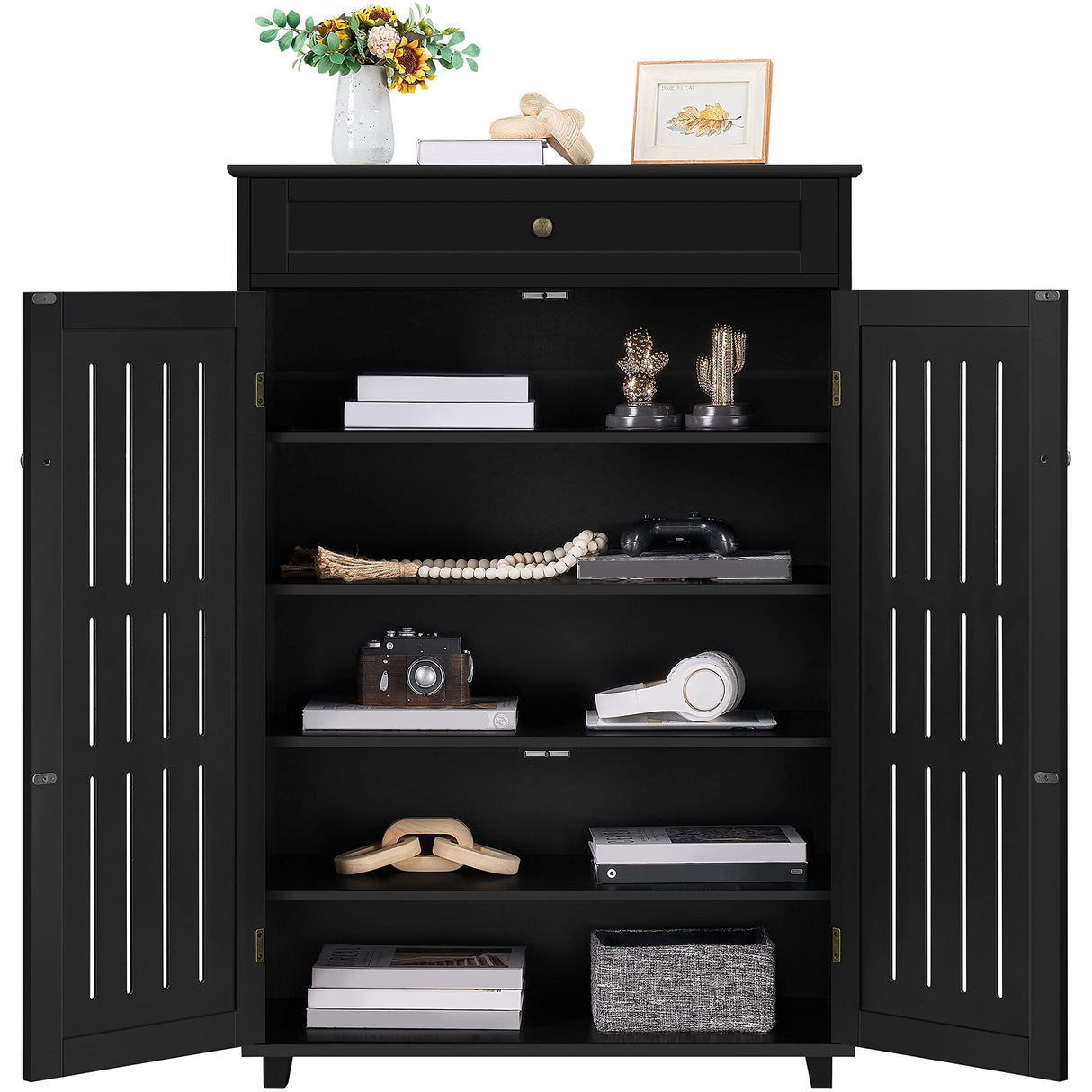 Yaheetech Storage Cabinet Floor Storage Organizer Wooden Cabinet with Drawer 2 Doors for Entryway Living Room Furniture Black Yaheetech