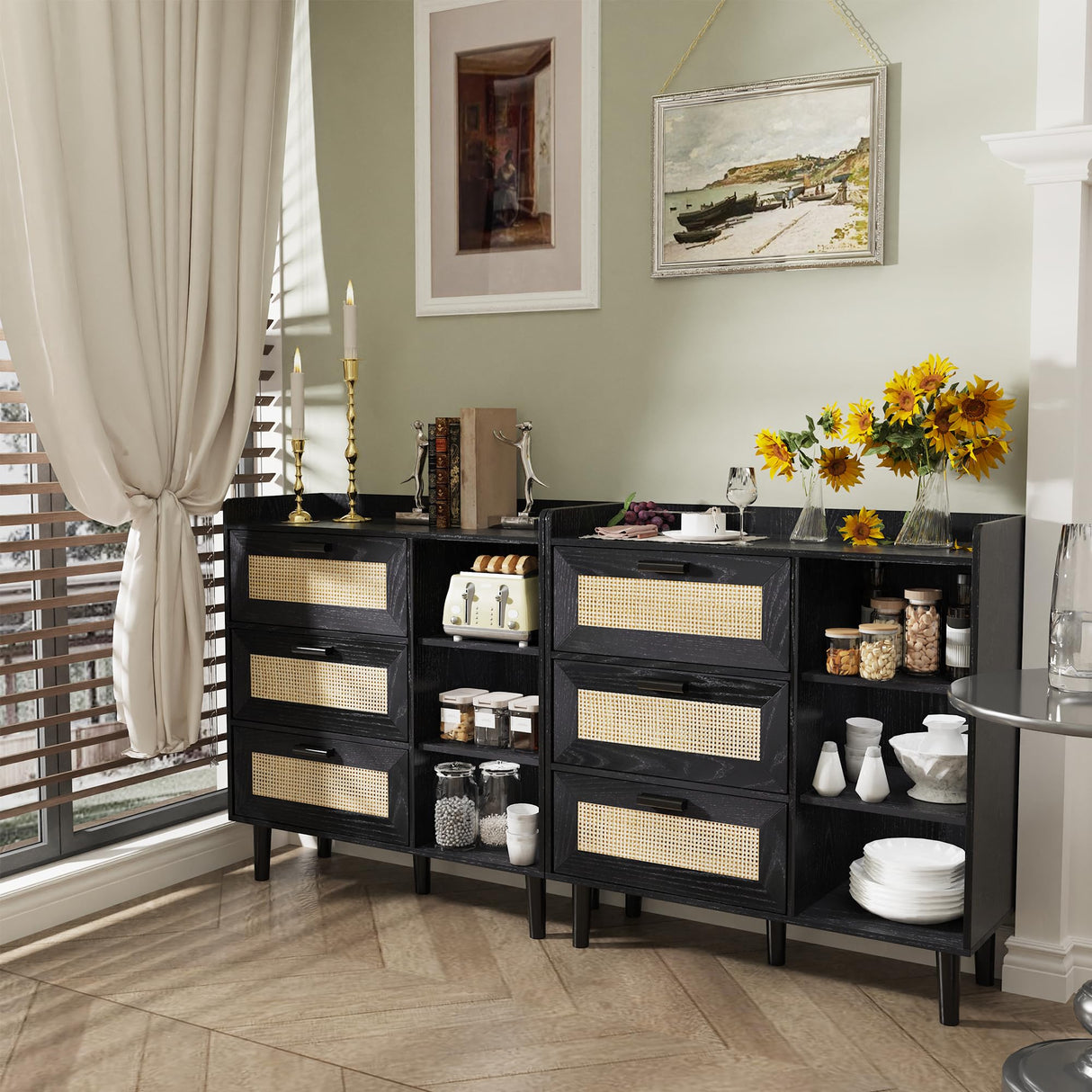 Hiwelldas Dresser Storage Cabinet with 3 Rattan Drawers & Adjustable Shelf Boho Bathroom Cabinet Large Chest of Dressers for Bedroom, Living Room, Hallway, Entryway (Black) Hiwelldas