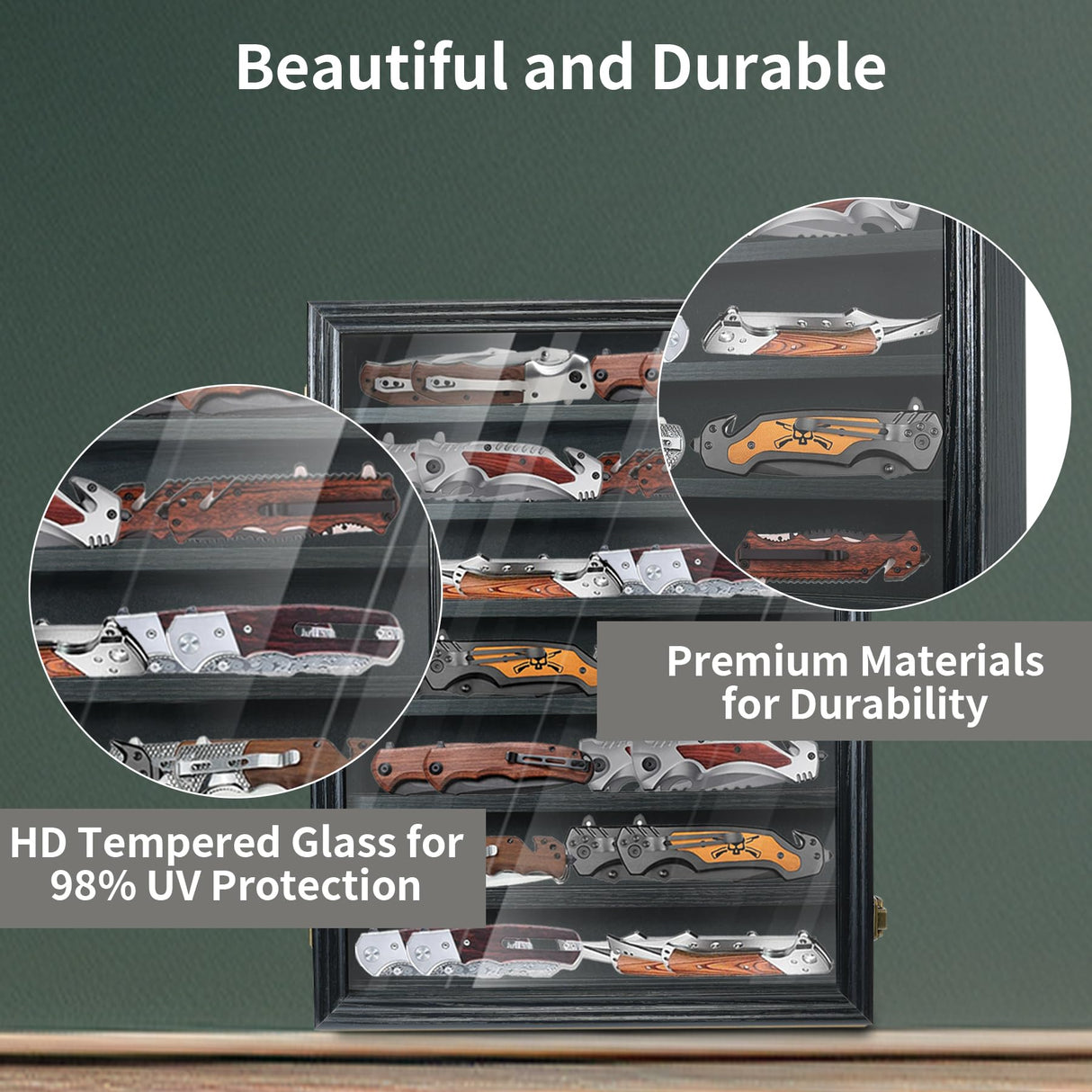 YRCKUDZKG Knife Display Case for Collections, Pocket Knife Display Case with HD Tempered Glass, Lockable Storage Cases with Removable Shelves, Wall-Mounted 7-Layer Wood Cabinet, Black YRCKUDZKG