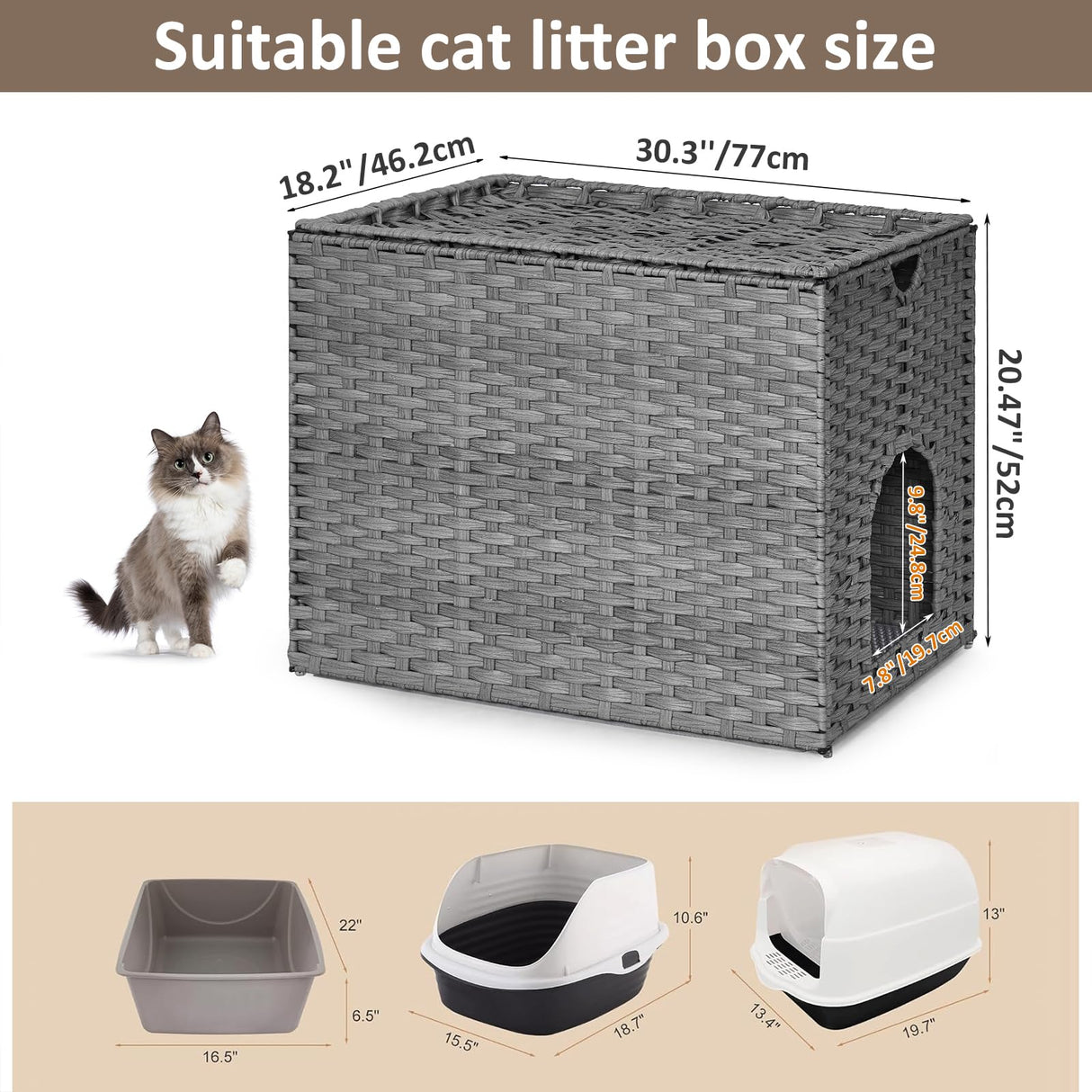 Cat Litter Box Enclosure with Litter Trapping Mat; Handwoven Plastic Rattan Cat House; No Installation Hidden Cat Washroom; Pet Crate for Balcony,Bedroom,Living Room Honiakaka