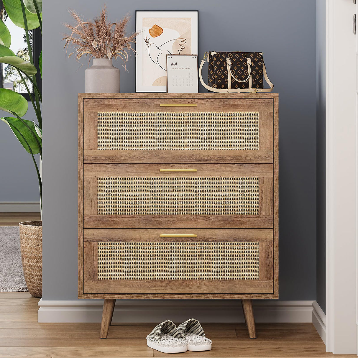 Trironsun 3 Drawer Dresser for Bedroom Rattan Dresser Chest of Drawers with Spacious Storage Boho Clothes Storage Nightstand for Living Room Trironsun