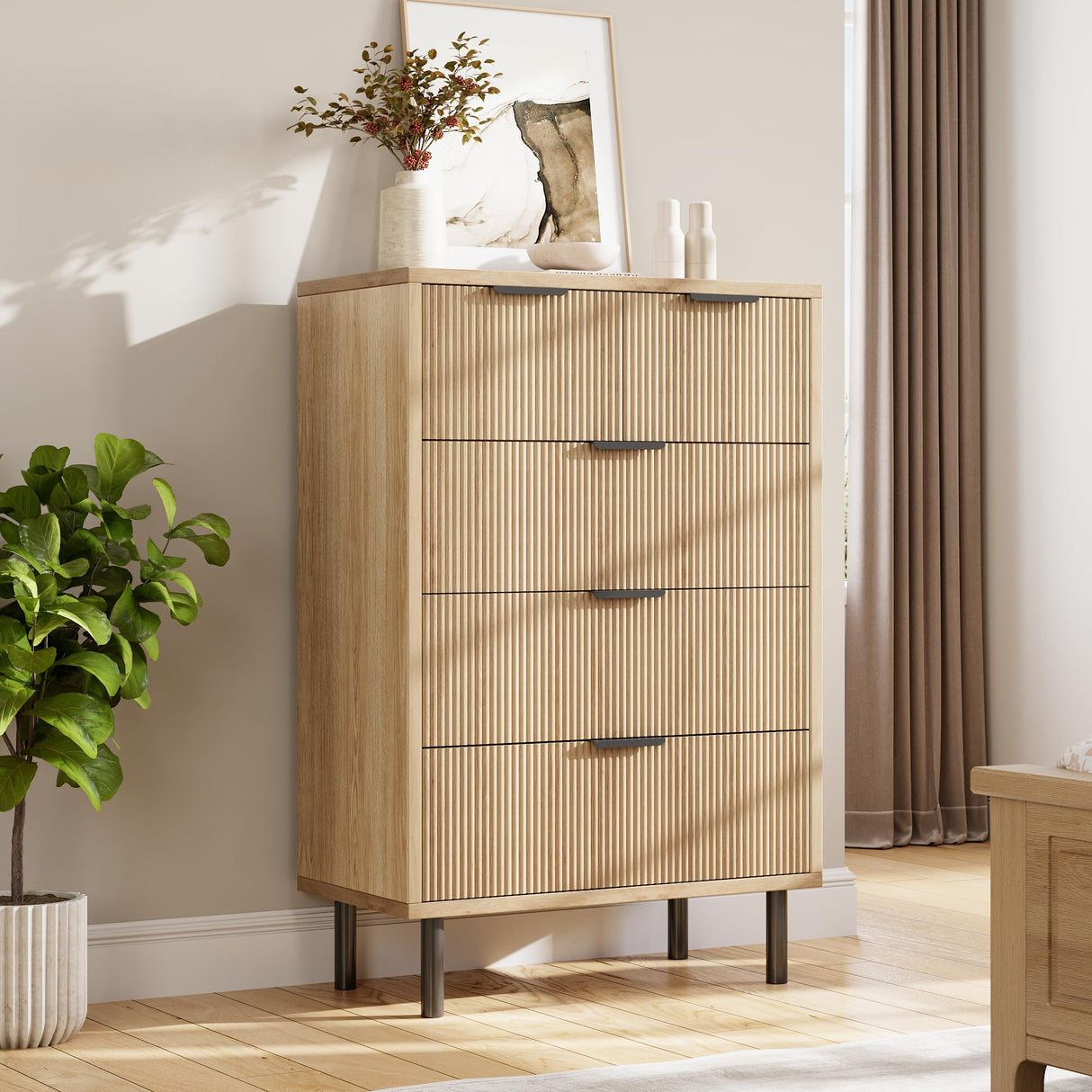 GarveeHome Oak Fluted 5 Drawer Dresser for Bedroom, Modern Wood Chest of Drawers with Wide Drawers, Closet Dresser Organizer with Anti-Tipping Device and Metal Legs for Hallway Entryway GarveeHome
