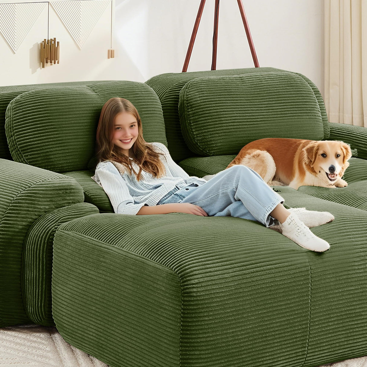 SoarFlash 81” Sectional Cloud Boneless Sofa Couches for Living Room-2 Seater L-Shaped Modern Lounge Couch-No Assembly Modular Corduroy Convertible Sponge Sleeper Sofas with Chaise for Home House,Green SoarFlash