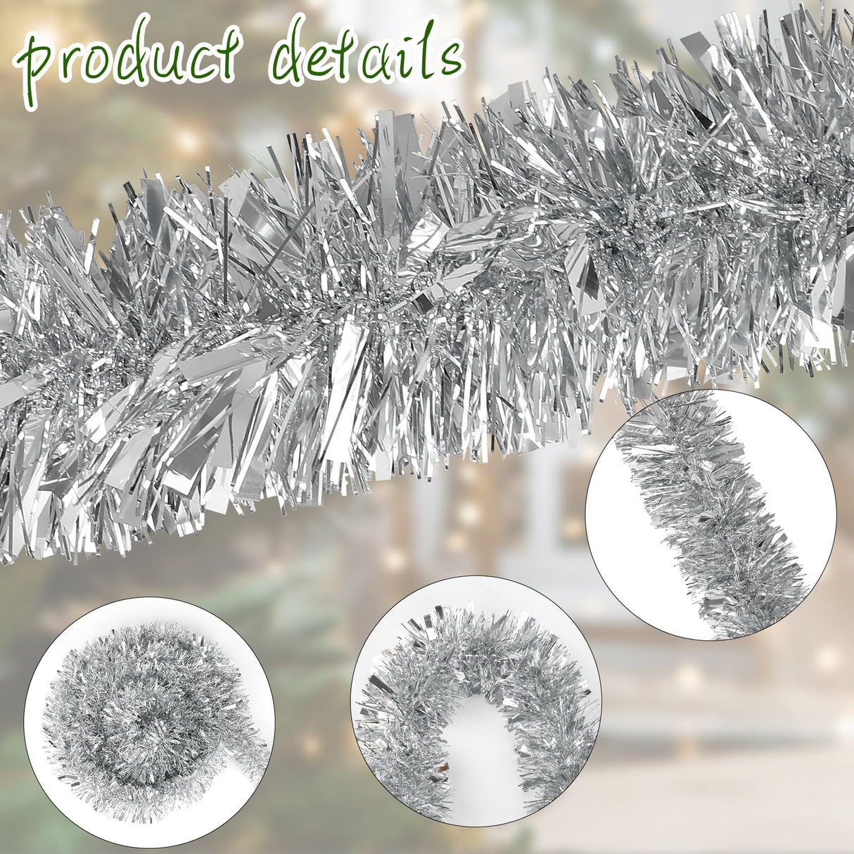 DECORA 33 Feet Silver Tinsel Garland, Christmas Metallic Hanging Tinsel Garland for Xmas Tree Home and Party Decoration CCINEE