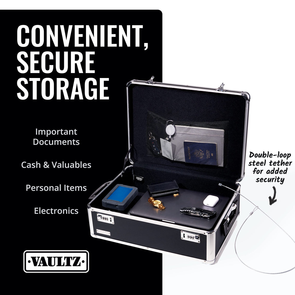 Vaultz Storage Lock Box - 6.5 x 23 x 13.5 Inch - Secure Dorm Storage Trunk with Combination Lock - Ideal Briefcase, Medicine Box, and Personal Item Lock Box - Store Cash, Laptop - Black/Silver Vaultz
