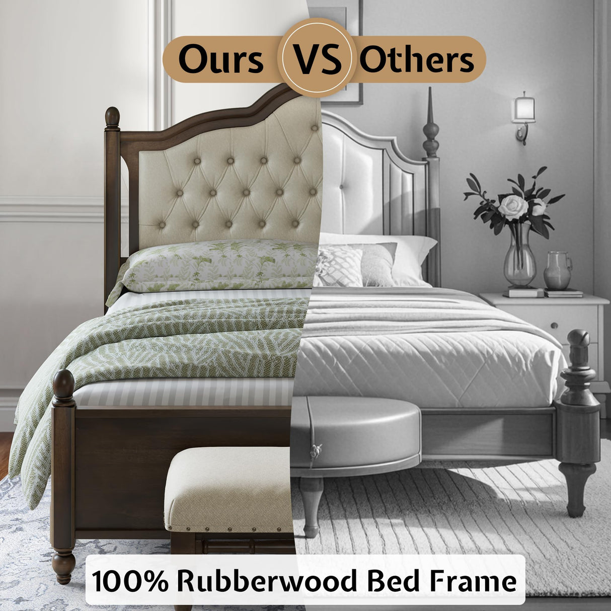 YUMPIE Solid Wood Queen Bed Frame, Transitional Platform Bed with 52.5" Tufted Upholstered Headboard, Rubberwood Construction, Roman Column Accents, No Box Spring Needed YUMPIE