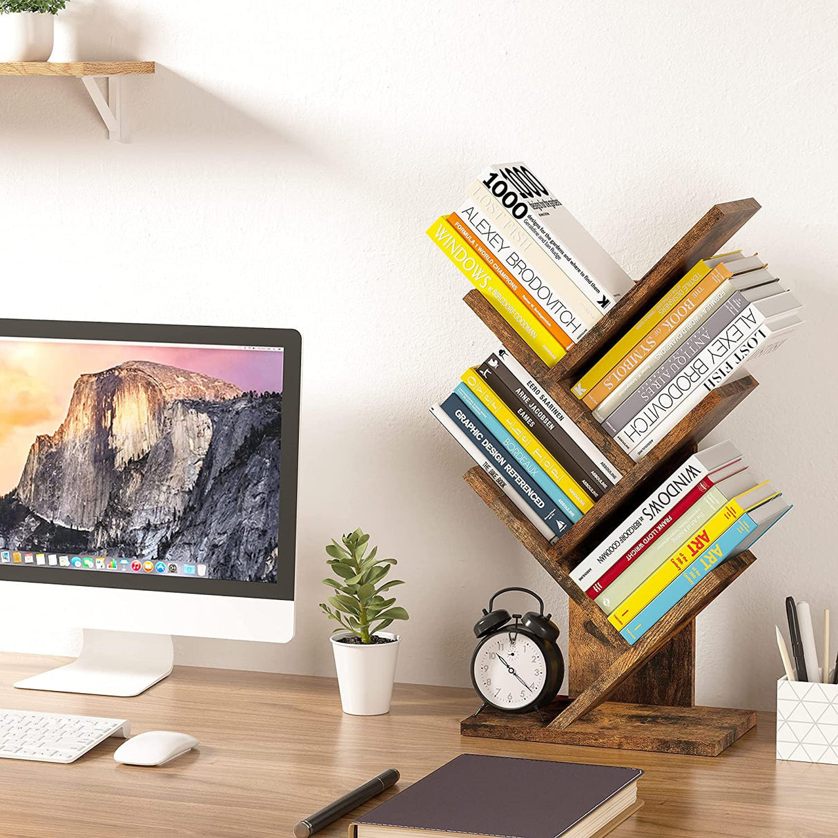 Hoctieon 4 Tier Tree Bookshelf, 4 Shelf Bookcase, Modern Book Storage, Free Standing Tree Bookcase, Utility Organizer Shelves for Home Office, Living Room, Bedroom, Rustic Brown Hoctieon