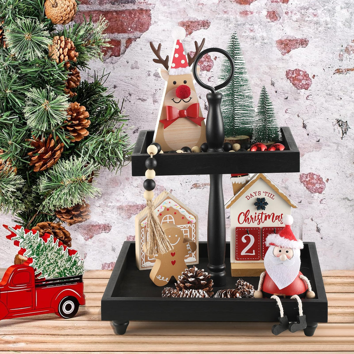 Tiered Tray Stand, Rustic Wooden 2 Tier Decorative Tray with Bead Garland, Farmhouse Square Wood Serving Tray Counter Centerpiece for Coffee Bar Home Decor Holiday Holloween Housewarming Gifts (Black) SYNCVIBE