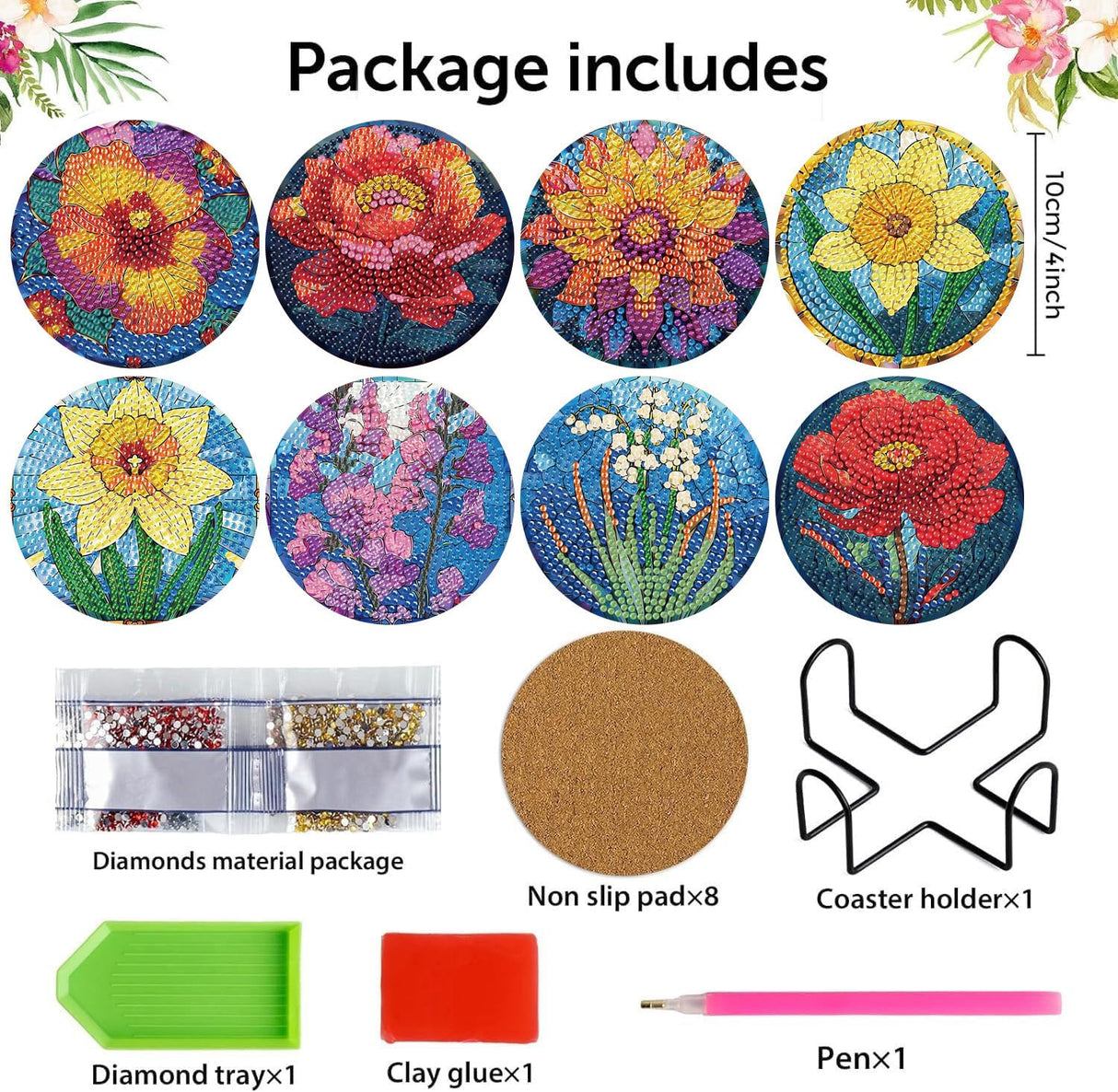 Zythron 8 PCS Diamond Art Coasters,Flowers Diamond Painting Coasters Kits Flower DIY with Holder DIY for Beginners, Adults, Diamond Art Kits for Adults Diamonds Art Crafts Supplies 4x4 in Zythron