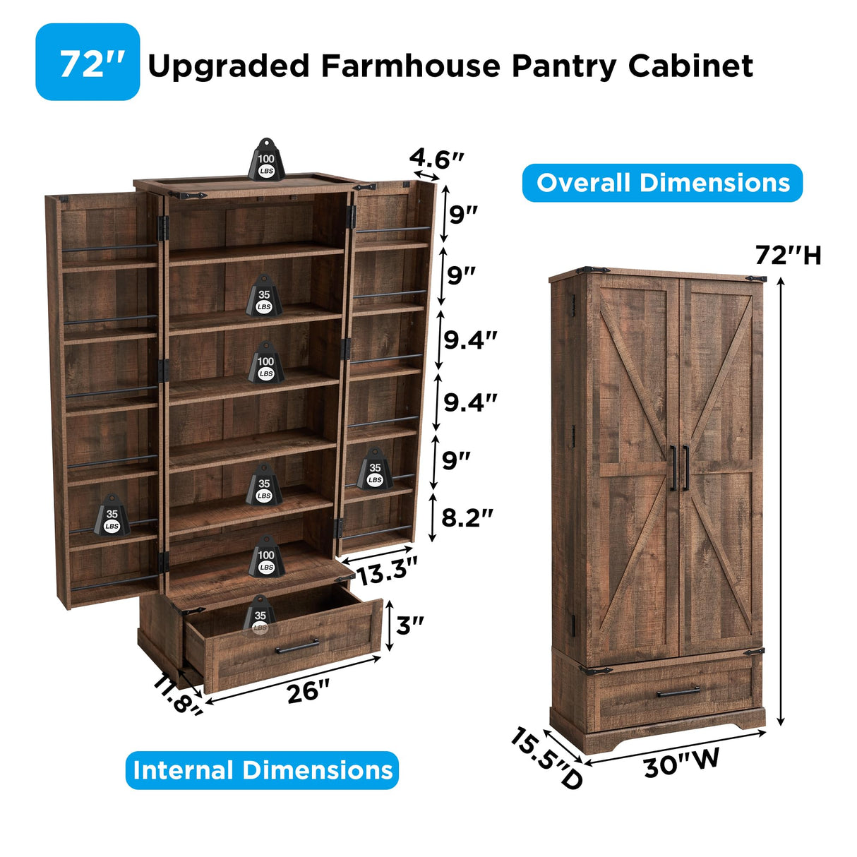 ACCOHOHO 72" Farmhouse Kitchen Pantry Cabinet with Drawer, Tall Storage Cabinet with 2 Barn Doors and Shelves, Versatile Large Rustic Cabinet for Dining Room, Bathroom, Living Room, Rustic Brown ACCOHOHO