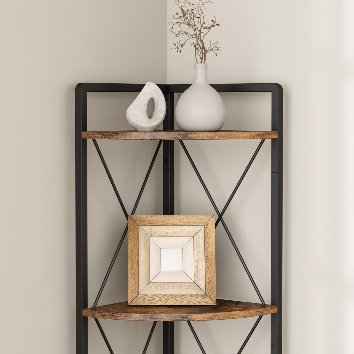 Cerlyunzan 5 Tier Corner Shelf Stand, 64" H Tall Industrial Corner Bookshelf for Living Room Decor, Metal Corner Shelf, Plant Stand Display Shelf for Bedroom, Bathroom, Small Space, Rustic Brown Cerlyunzan