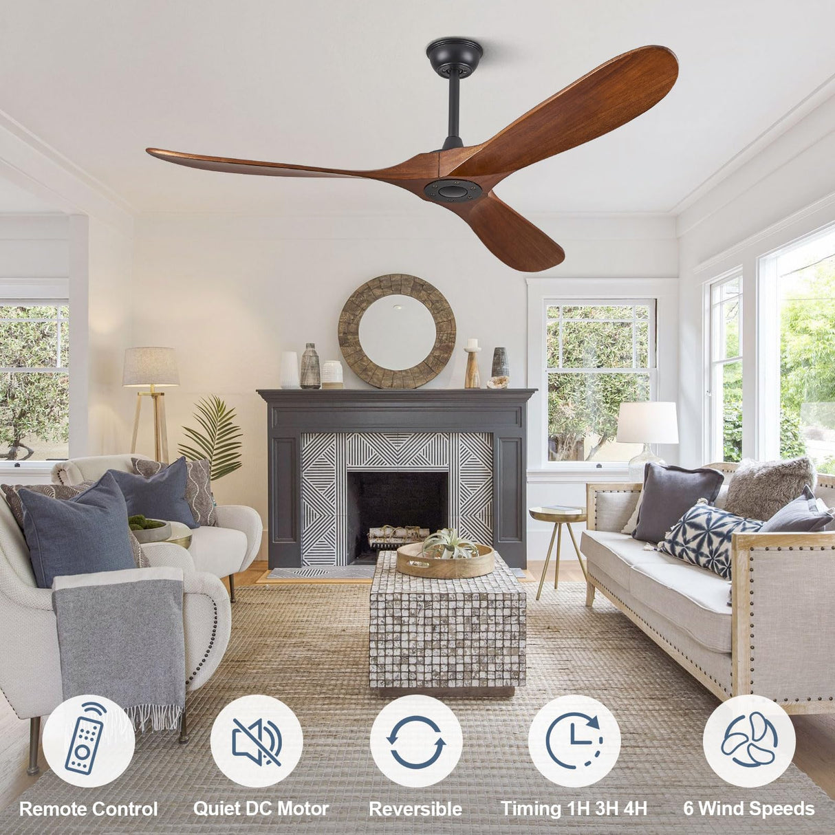ABZ 60" Ceiling Fans Without Lights, 60 Inch Outdoor Ceiling Fans no Light, 3 Blade Solid Wood Ceiling Fan with Remote Control for Patios Living Room Bedroom Porch ABZ