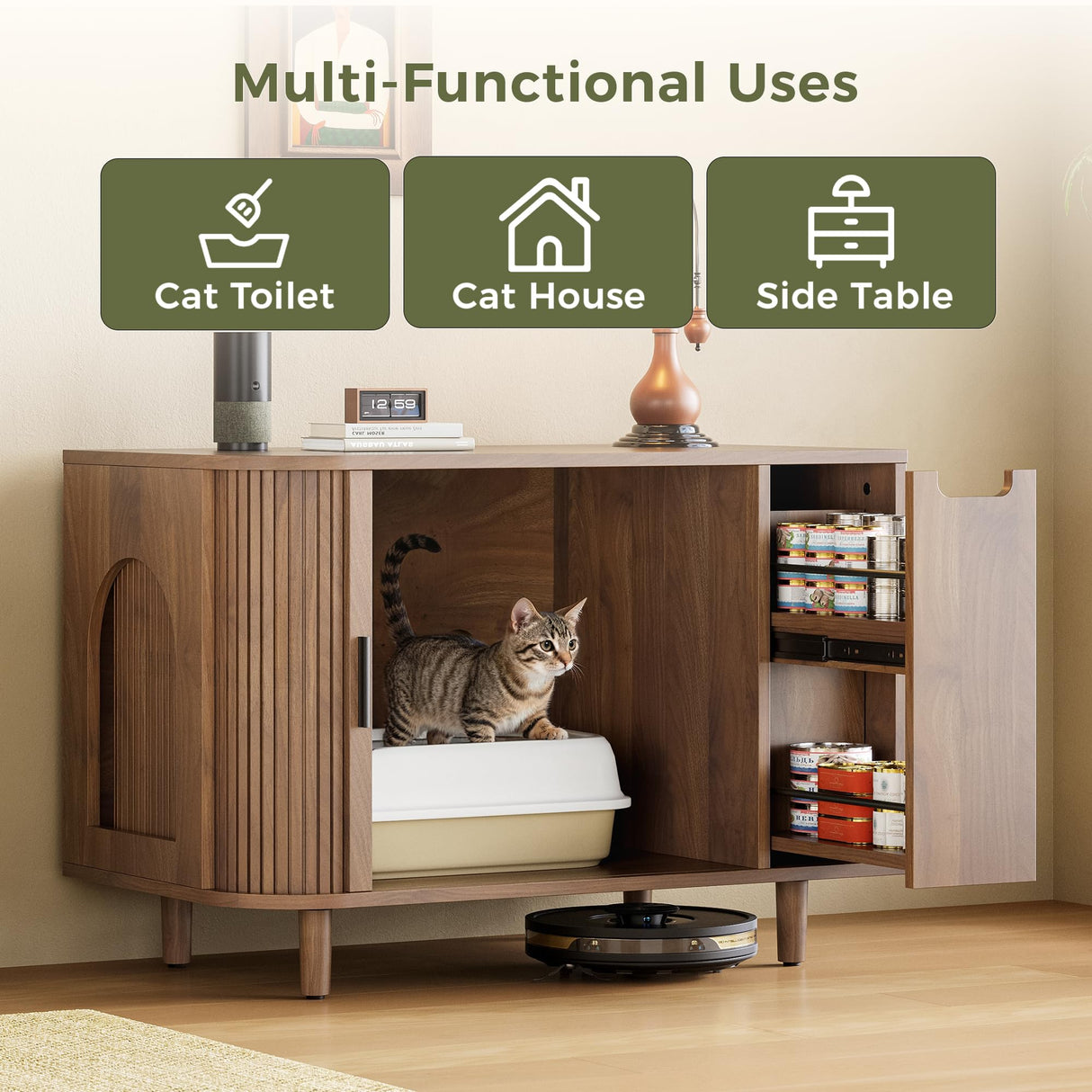 IRONCK Cat Litter Box Enclosure with Sliding Tambour Door, Wooden Litter Box Enclosure Furniture with 2-Layer Drawer, Hidden Cat House, Side End Table for Living Room, Brown IRONCK