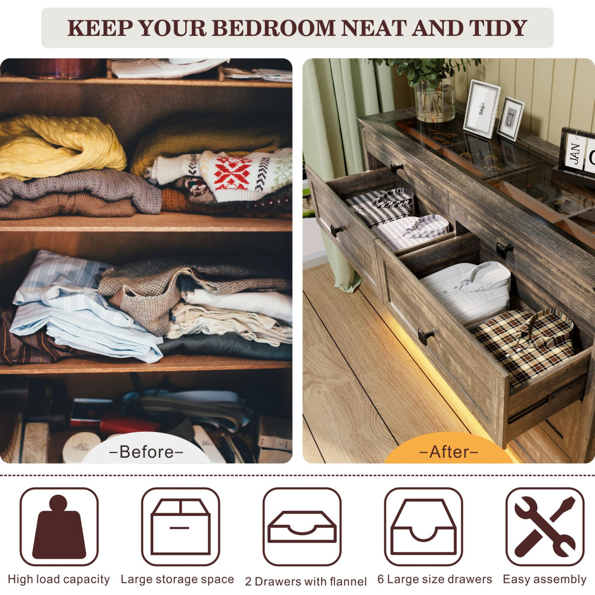 FREDEES Farmhouse Dresser for Bedroom with 8 Drawers, Wood Tall Chest of Drawers with LED Light/Charging Station/Human Sensor, Dressers Organizer for Closet, Living Room, Hallway, Rustic Brown FREDEES