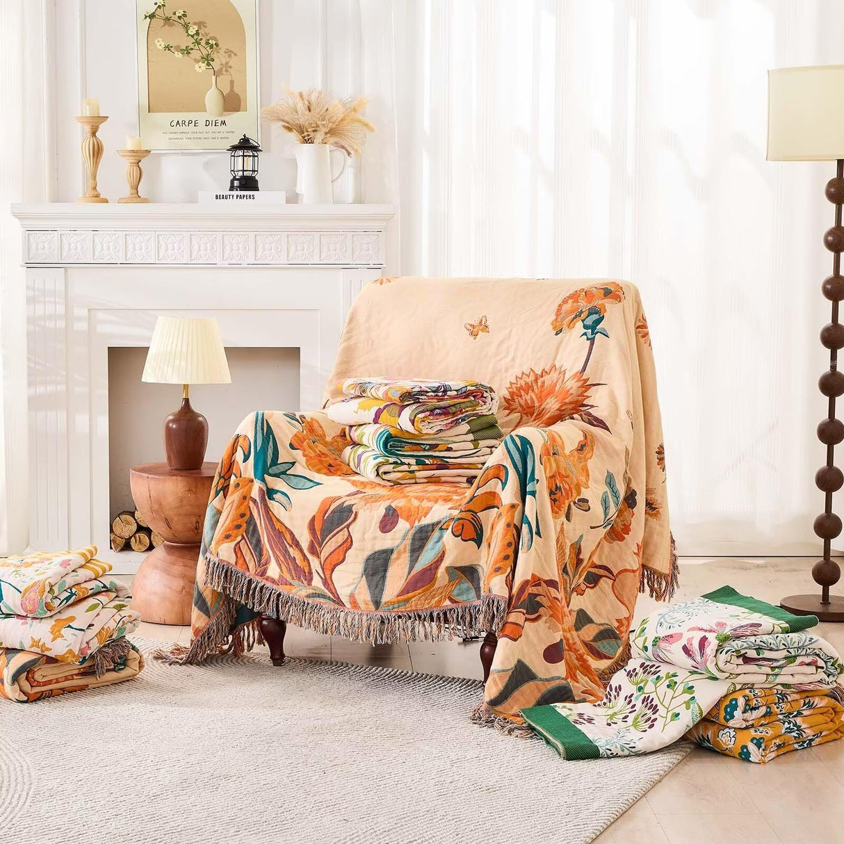 XIBLC Boho Throw Blanket for Bed, 100% Cotton Soft Rustic Quilt Fall Blanket, 60"x80" Floral Printed Farmhouse Decor Bed Blankets, All Season Rustic Reversible Bohemian Throw Quilt XIBLC