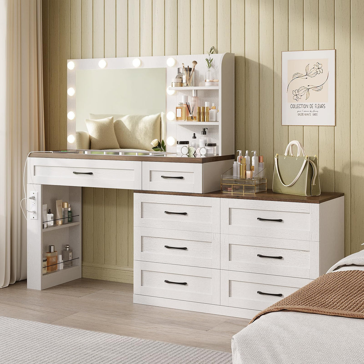 Farmhouse Large Makeup Vanity Desk, Glass Top Vanity Dresser Combo, Make Up Dressing Table, with Mirror and Lights and 8 Drawers, with Charging Station and Storage, for Bedroom, Dressing Room, White Vabches