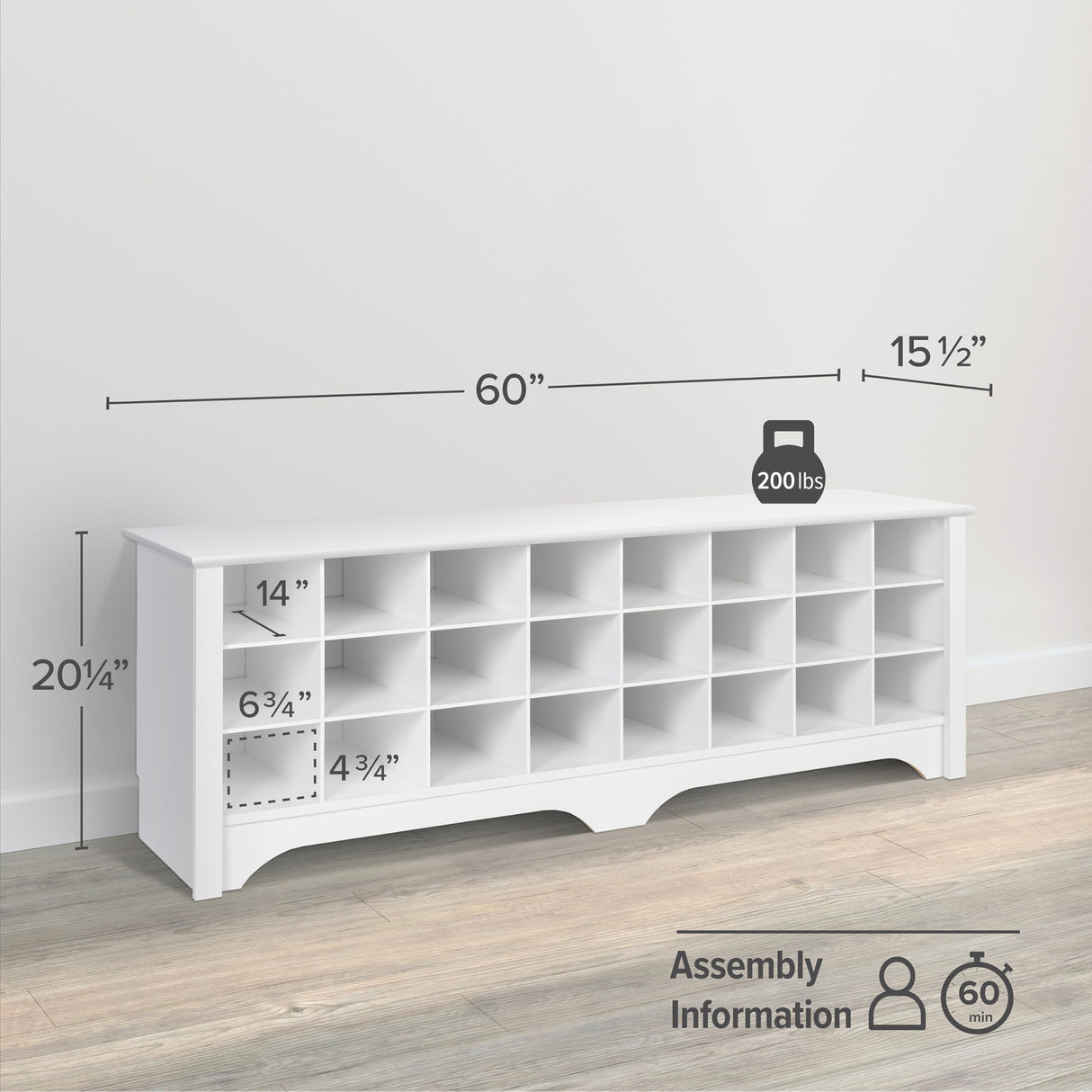 Prepac White Hall Bench with Storage and Seating: 24-Shoe Cubby Bench, Ideal White Shoe Rack for Entryway, Sized 15.5" D x 60" W x 20.25" H Prepac