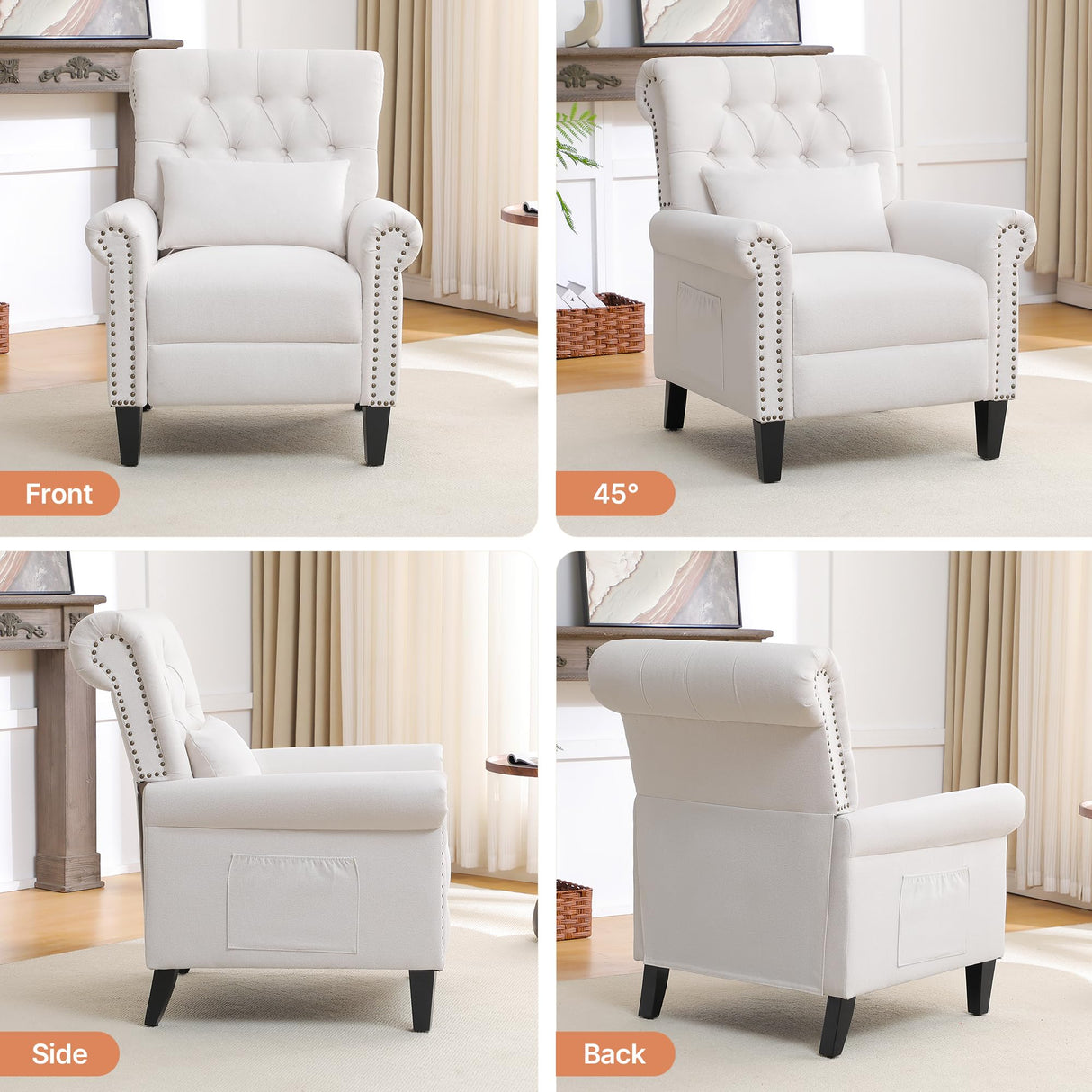 choairy Pushback Recliner Chair, Accent Push Back Chairs Set of 2 with Adjustable Footrest Wingback, Upholstered Linen Reclining Sofa with Side Pocket, Comfy Modern Armchair for Living Room, Beige choairy