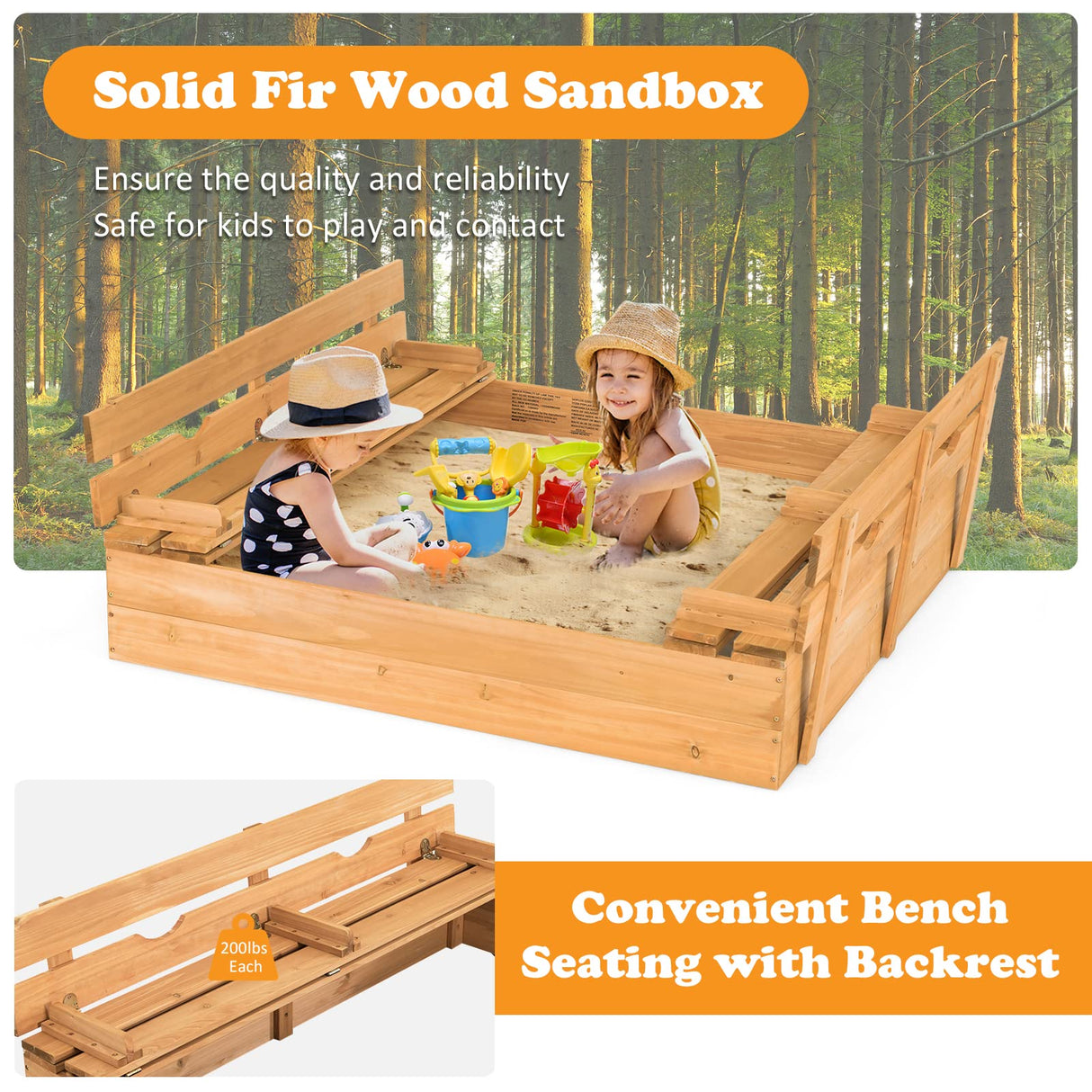 HONEY JOY Sandbox with Cover, 47x47 in Cedar Bottomless Sand Pit for Backyard Deck Patio Lawn, 2 Foldable Bench for Sand Protection, Square Wooden Sand Boxes for Kids Outdoor with Lid HONEY JOY