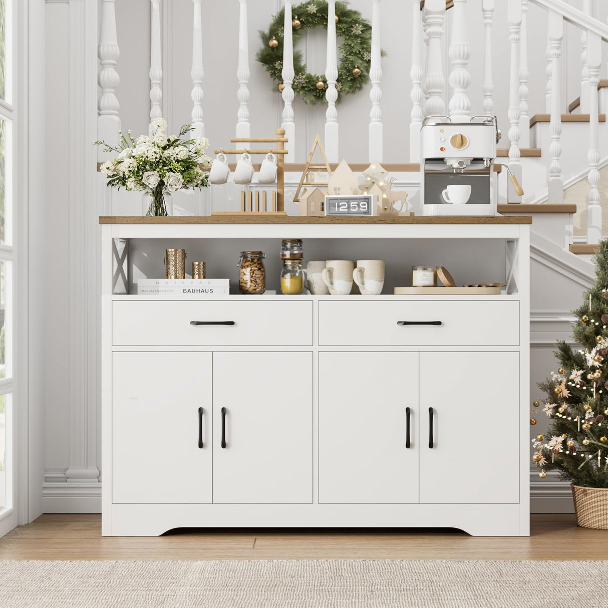 HOSTACK 47" Modern Farmhouse Sideboard Buffet Cabinet, Wood Buffet Storage Cabinet with Drawers & Shelves, Large Coffee Bar Cabinet with Storage, Microwave Stand for Kitchen, Dining Room, White Brown HOSTACK