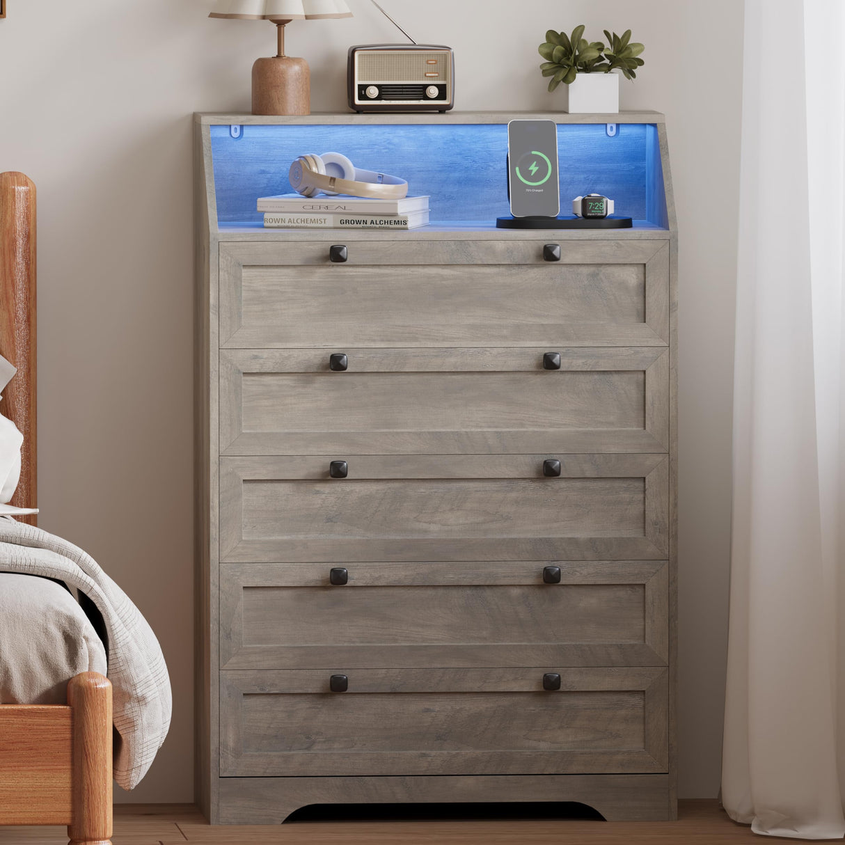 Wodeer Grey Dresser Tall 5 Drawer Dresser for Bedroom, Wood Chest of Drawers with LED Lights, Charging Station, Metal Handles, Modern Storage Cabinet and Organizer Drawers for Living Room, Hallway Wodeer