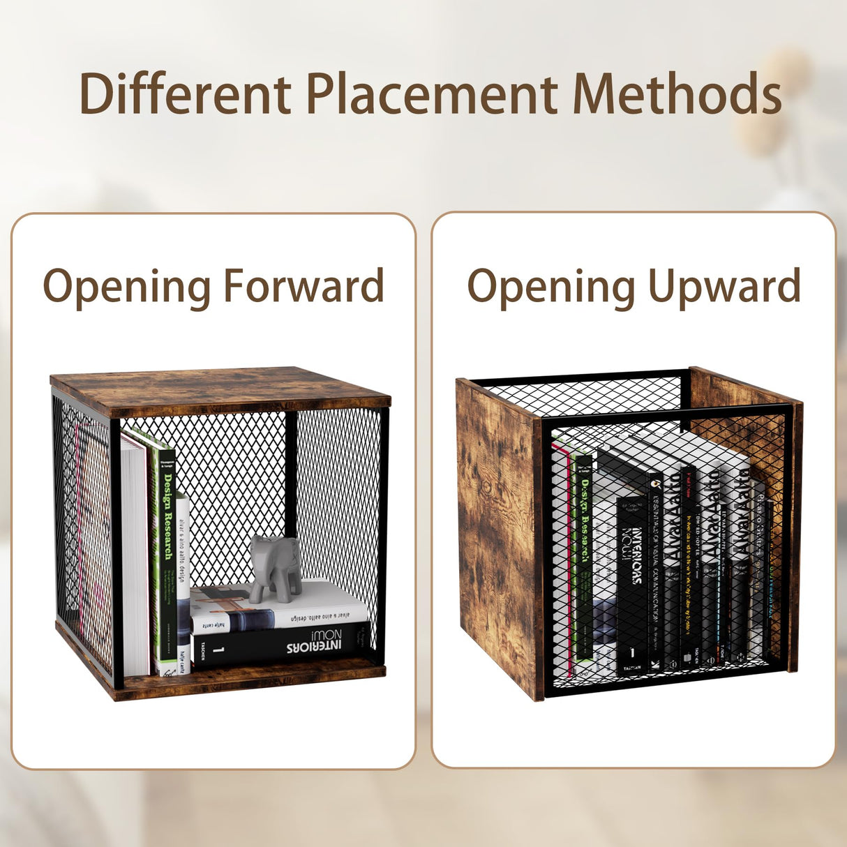 Ksuefao 2 Cube Storage Organizer, Small Bookshelves, DIY Variable Stackable Wooden & Metal Cubes Shelves for Desktop, Bedroom, Living Room, Black Brown Ksuefao