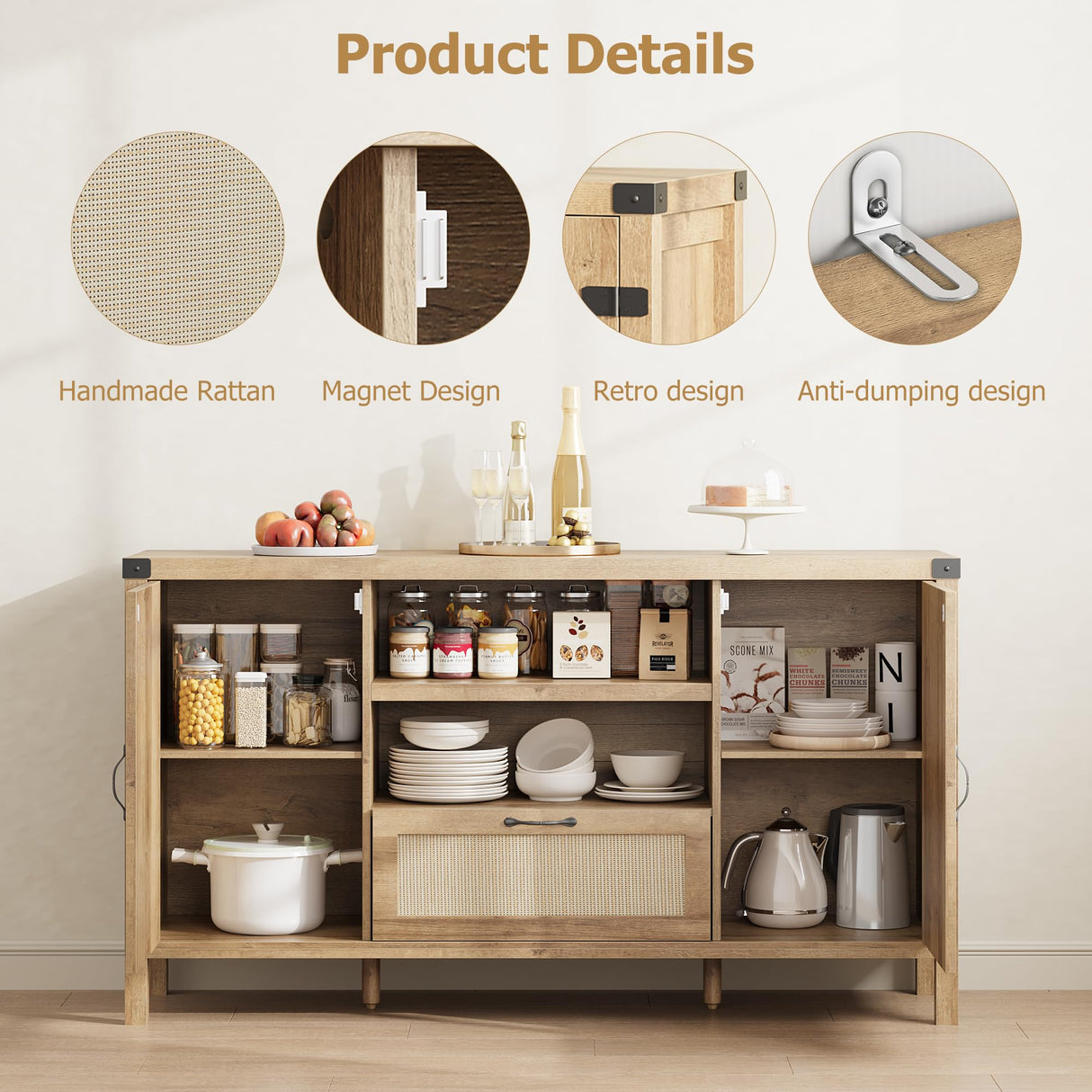 GarveeHome 47.2" Rattan Sideboard Buffet Cabinet with Storage, Farmhouse Kitchen Buffet Cabinet with Drawer, Boho Wooden Coffee Bar Cabinets with Open Shelves, for Dining Room, Living Room, Natural GarveeHome