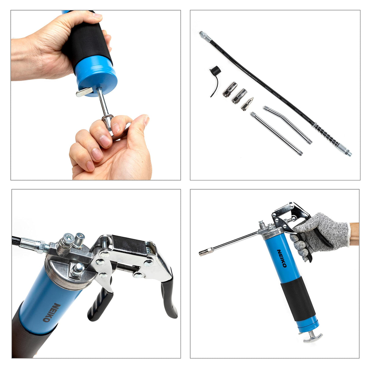 Neiko 12011A Grease Gun, Heavy Duty Pistol Grip Greaser, 6000 PSI, Grease Gun Hose 18 inch, Grease Gun with Zerk Fitting, 6” Straight Extension & 5.5” Bend Ext, Grease Not Included. NEIKO