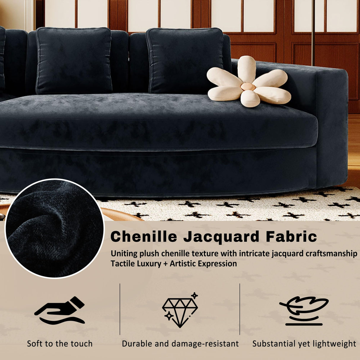 Merax Minimalist Curved Sectional Sofa with Five Throw Pillows, Chenille Upholstered Modular Sleeper Couch for Living Room, Bedroom, Guest Rooms, No Assembly Required, Navy Blue Merax