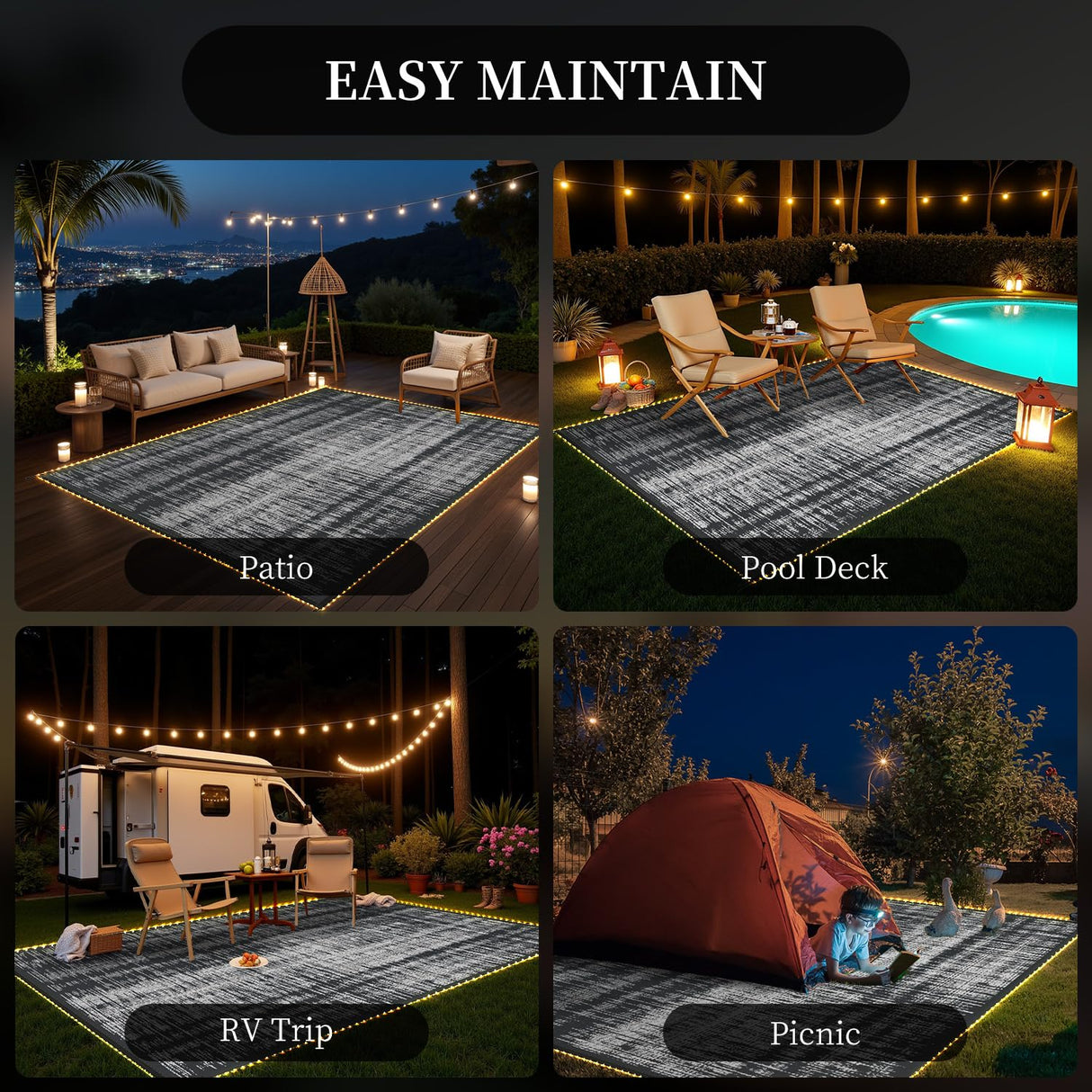 MontVoo Outdoor Rug Waterproof 9x12 ft with Strip Lights Outdoor Patio Rug Mat Reversible Plastic Straw Rug Outside Outdoor Rug for RV Camping Picnic Balcony Backyard MontVoo