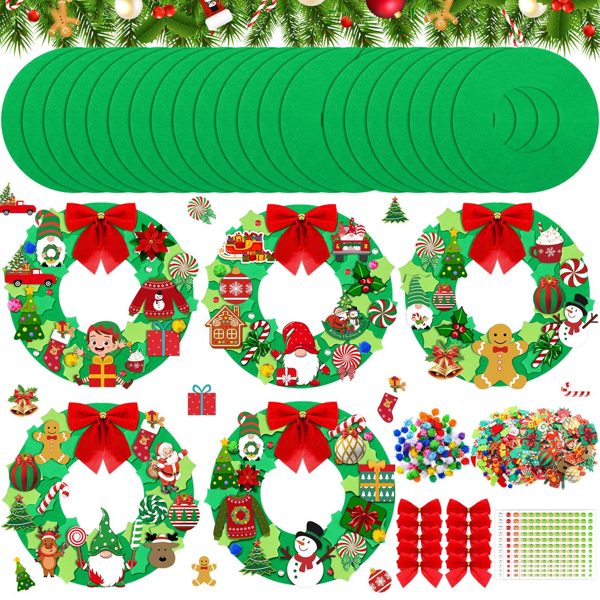 Moucuny 32 Sets DIY Christmas Crafts Kits Christmas Foam Wreath Craft Kits Snowman Santa Bows Sticker Christmas Wreath Ornaments Christmas Arts and Crafts for Christmas Tree Home Indoor Decoration Moucuny