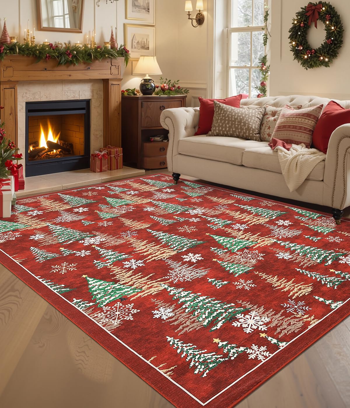 GarveeHome Red 8x10 Christmas Rug Living Room Rug Non Slip Washable Stain Resistant 8x10 Washable Rugs Christmas Tree Snow Print Low Pile Soft Holiday Decor Carpet for Bedroom Laundry Room GarveeHome