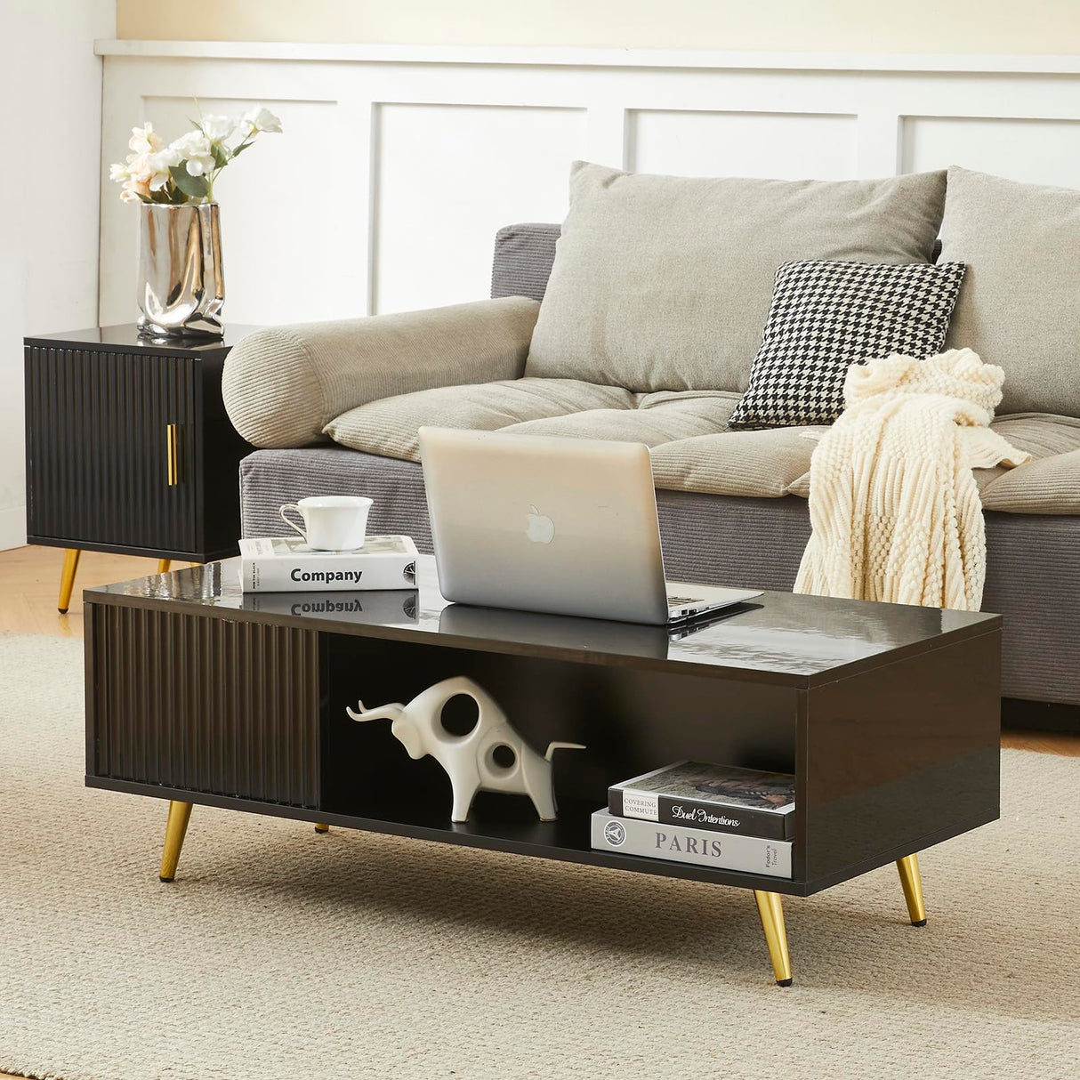 COSVALVE 41.3IN LED Black Coffee Tables for Living Room with 16 Colors LED Lights, Modern Minimalist Coffee Table with Fluted Panel, Rectangle Center Table Game Table COSVALVE