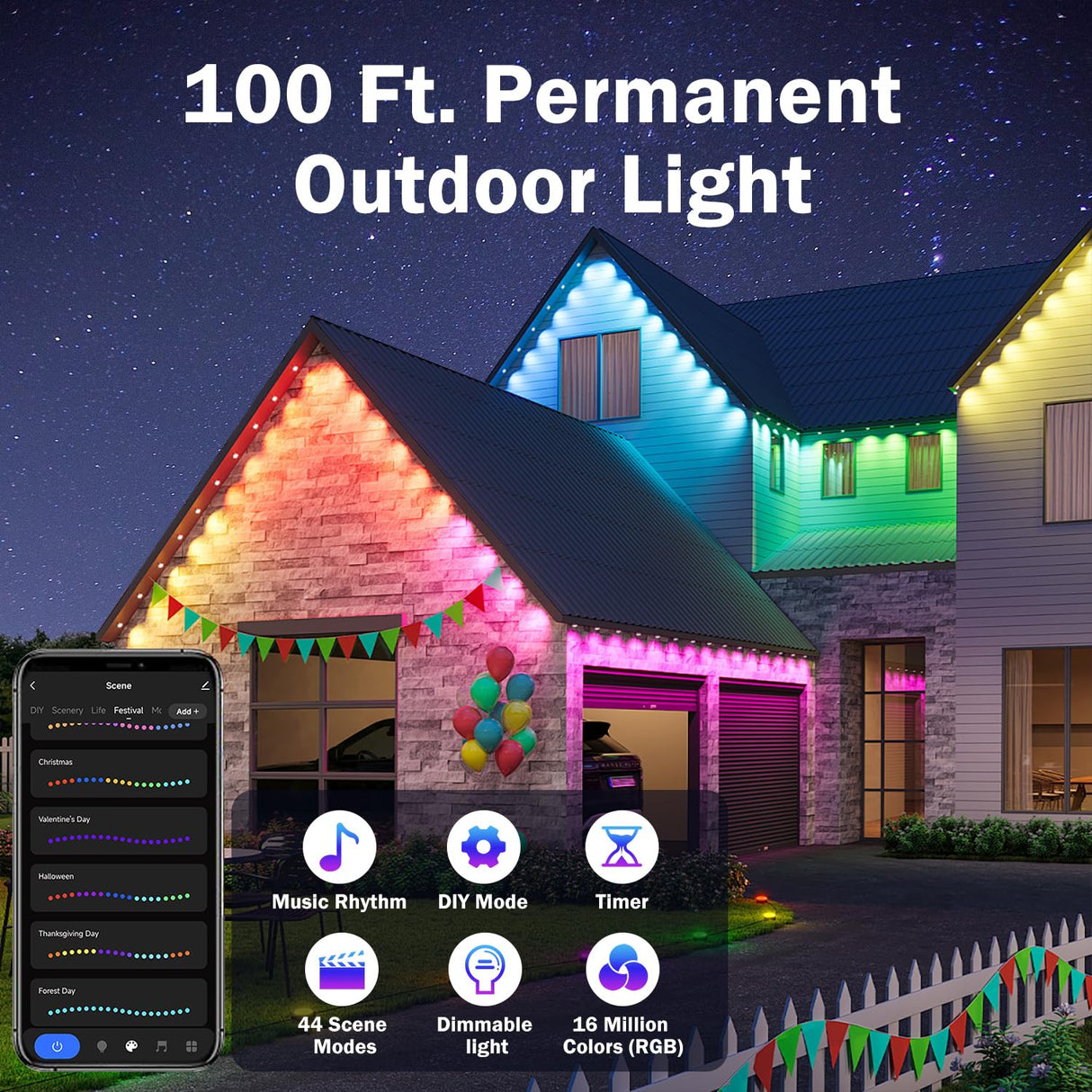 Heromind 100ft Smart RGB Outdoor Lights with 60 LED, 8000 Hour Long Life, Waterproof, Permanent Christmas Lights for Daily Decorative Lighting and Holiday Parties Heromind