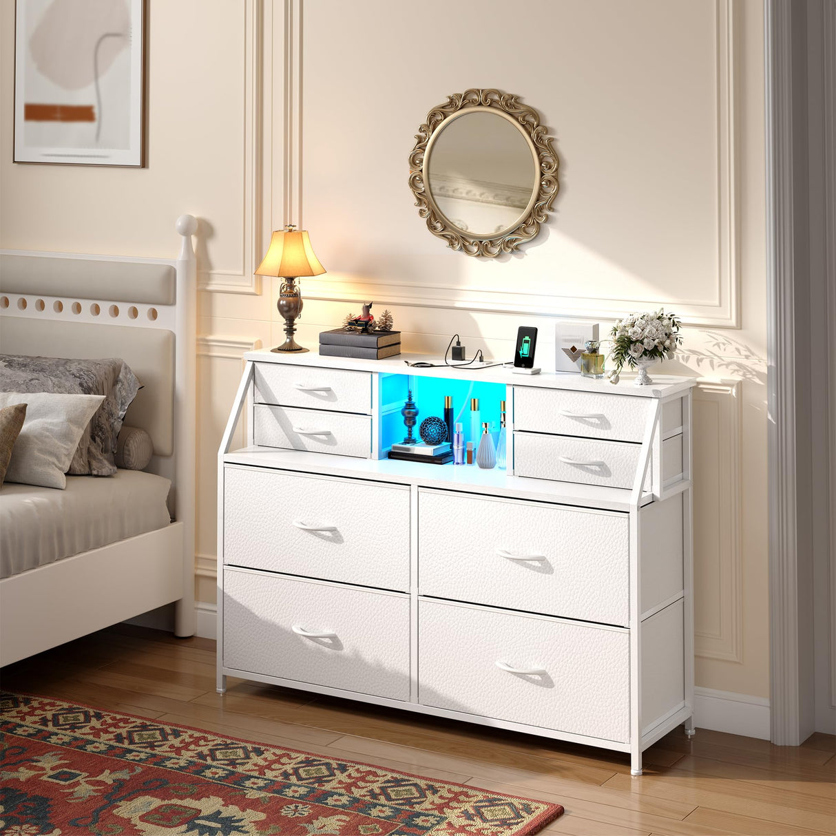 Romorgniz Dresser for Bedroom with Charging Station and LED, Sturdy Chest of Drawers with 8 Drawers and Two Open Shelves for Storage,Bedroom, Living Room,Hallway (White) Romorgniz